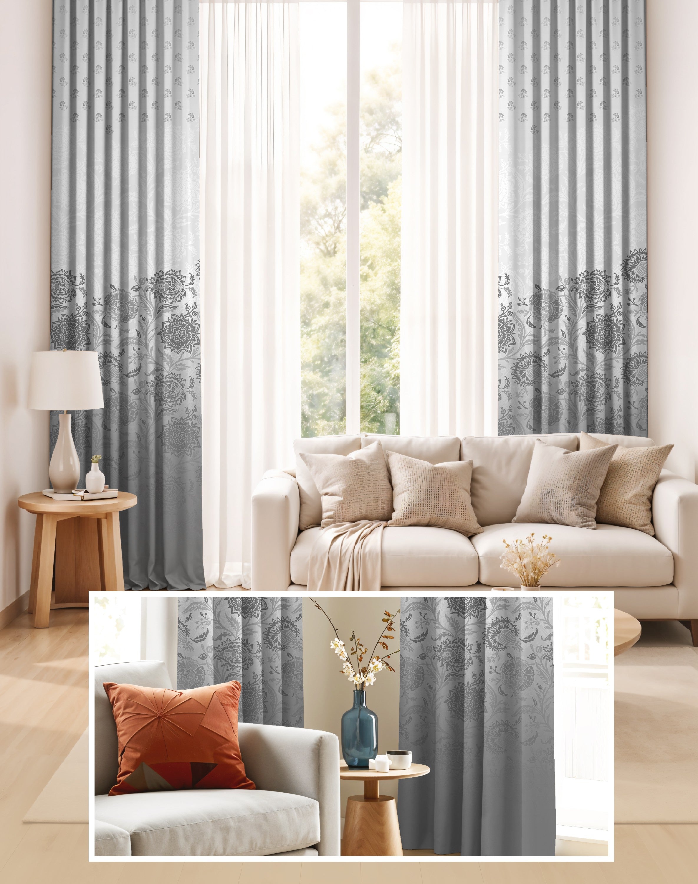 BOTANICA PEWTER GREY PRINTED ROOM DARKENING CURTAIN