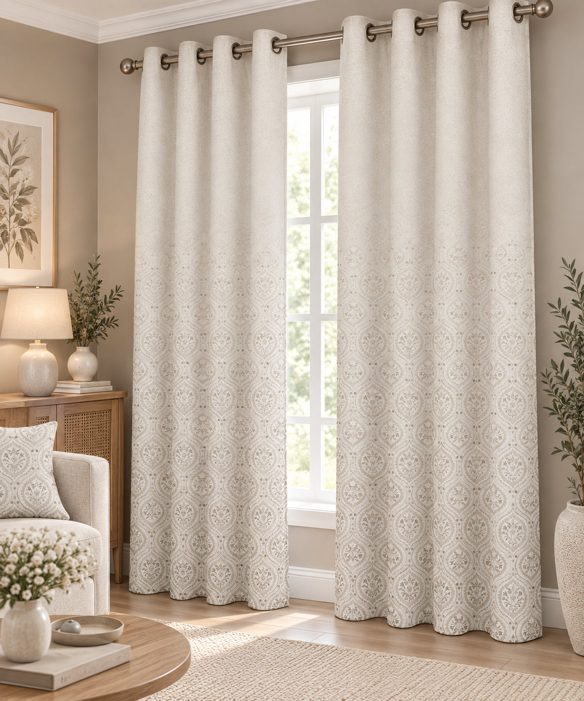 BEIGE DAMASK PRINTED ROOM DARKENING CURTAIN
