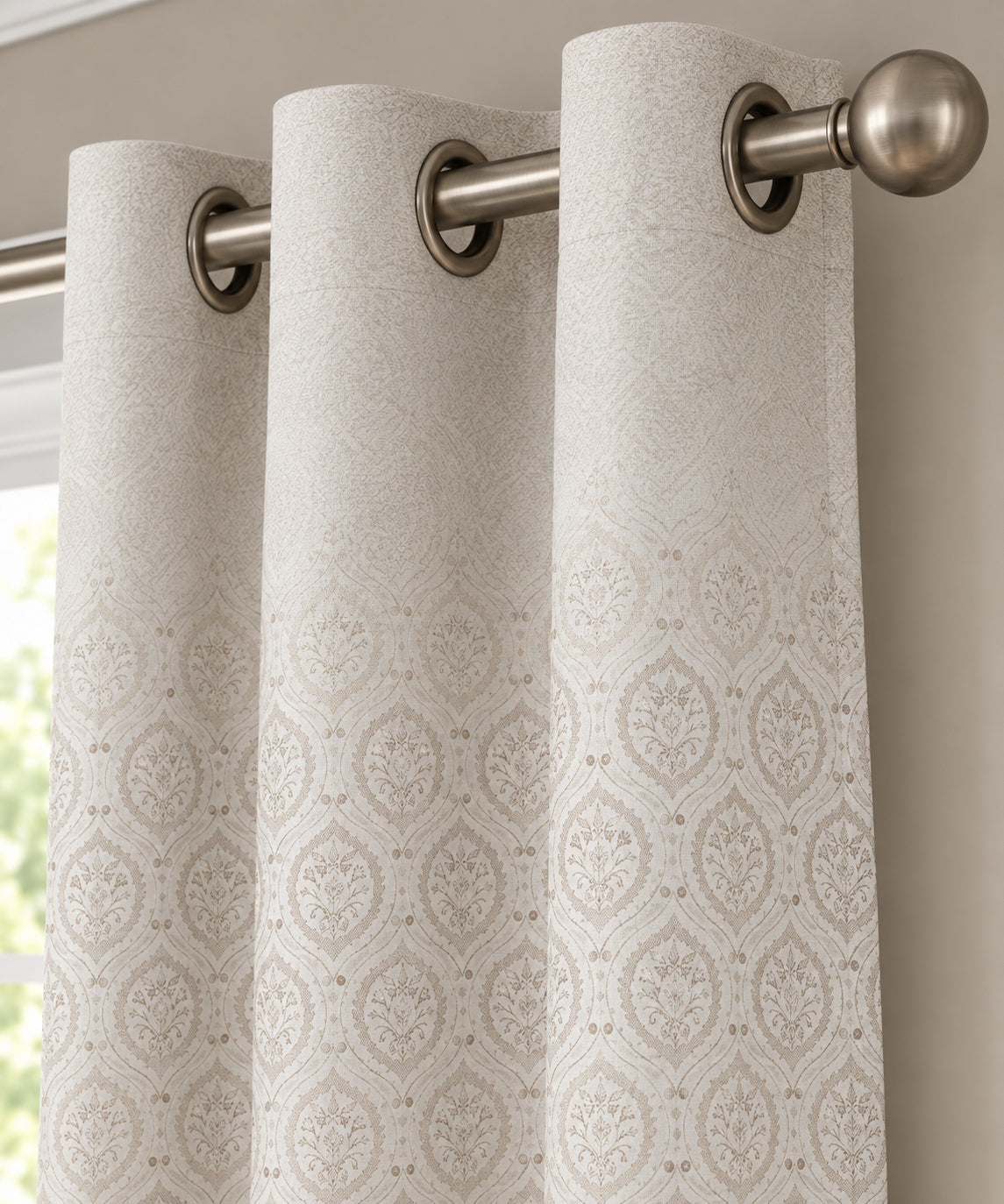 BEIGE DAMASK PRINTED ROOM DARKENING CURTAIN