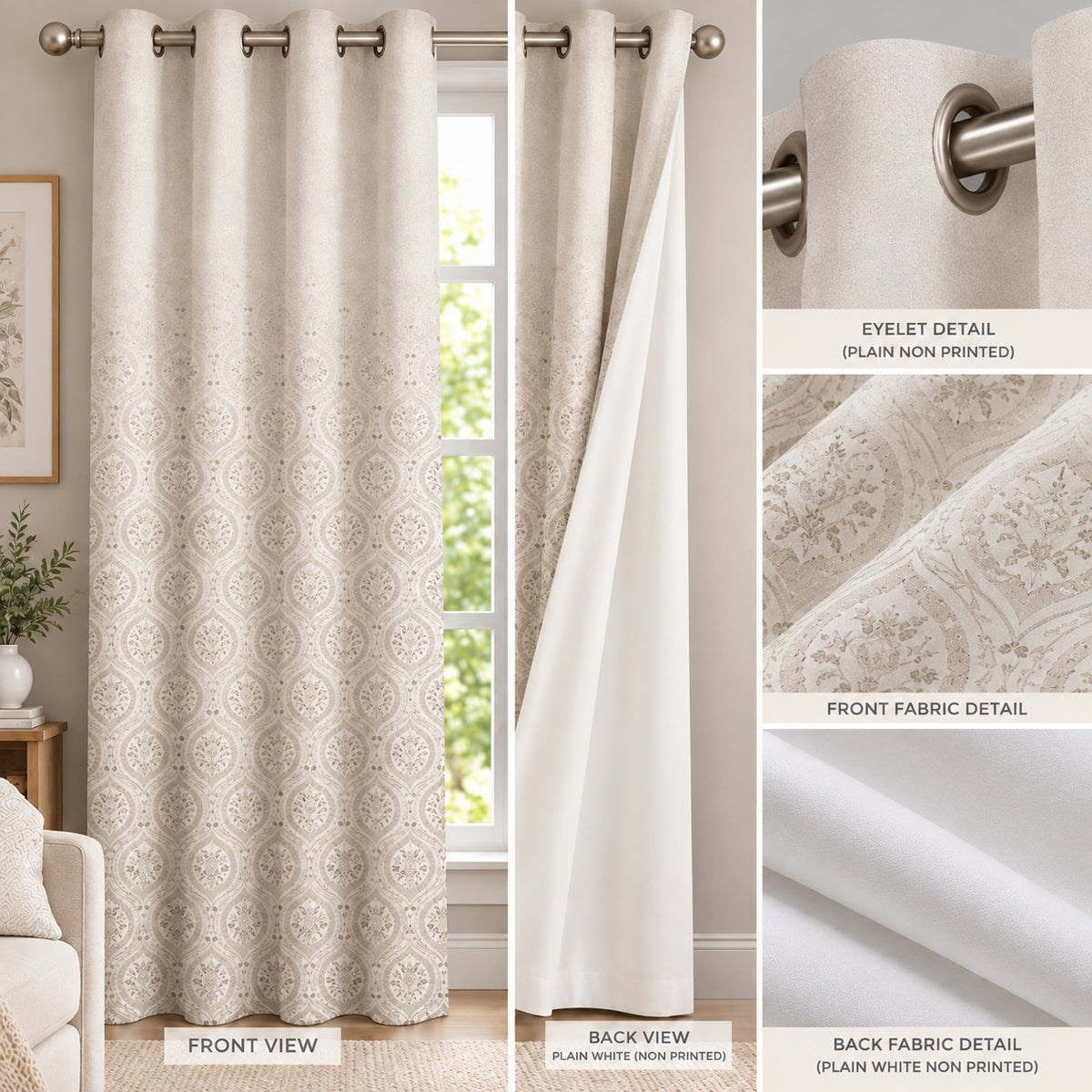 BEIGE DAMASK PRINTED ROOM DARKENING CURTAIN