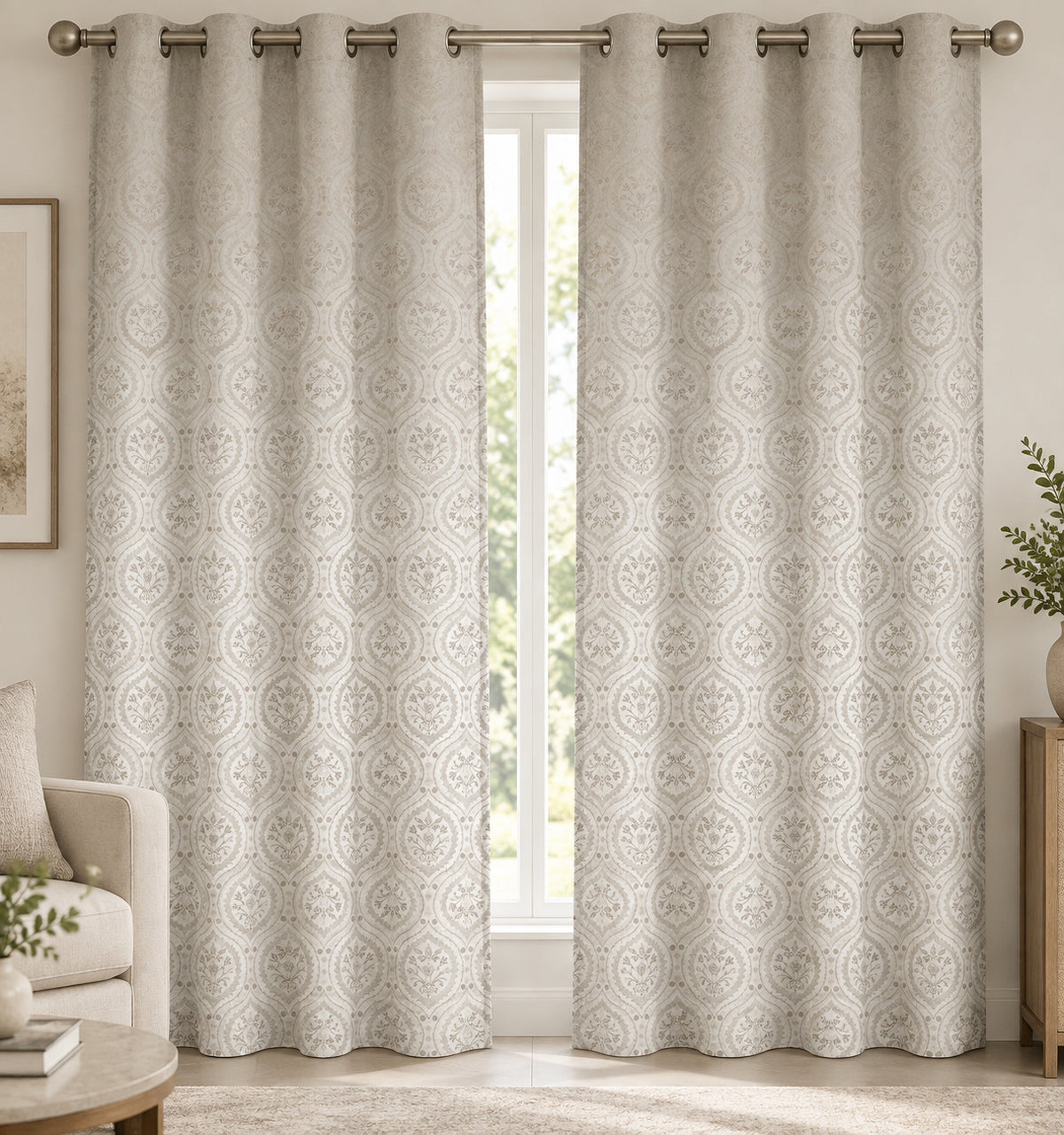 BEIGE DAMASK PRINTED CURTAIN