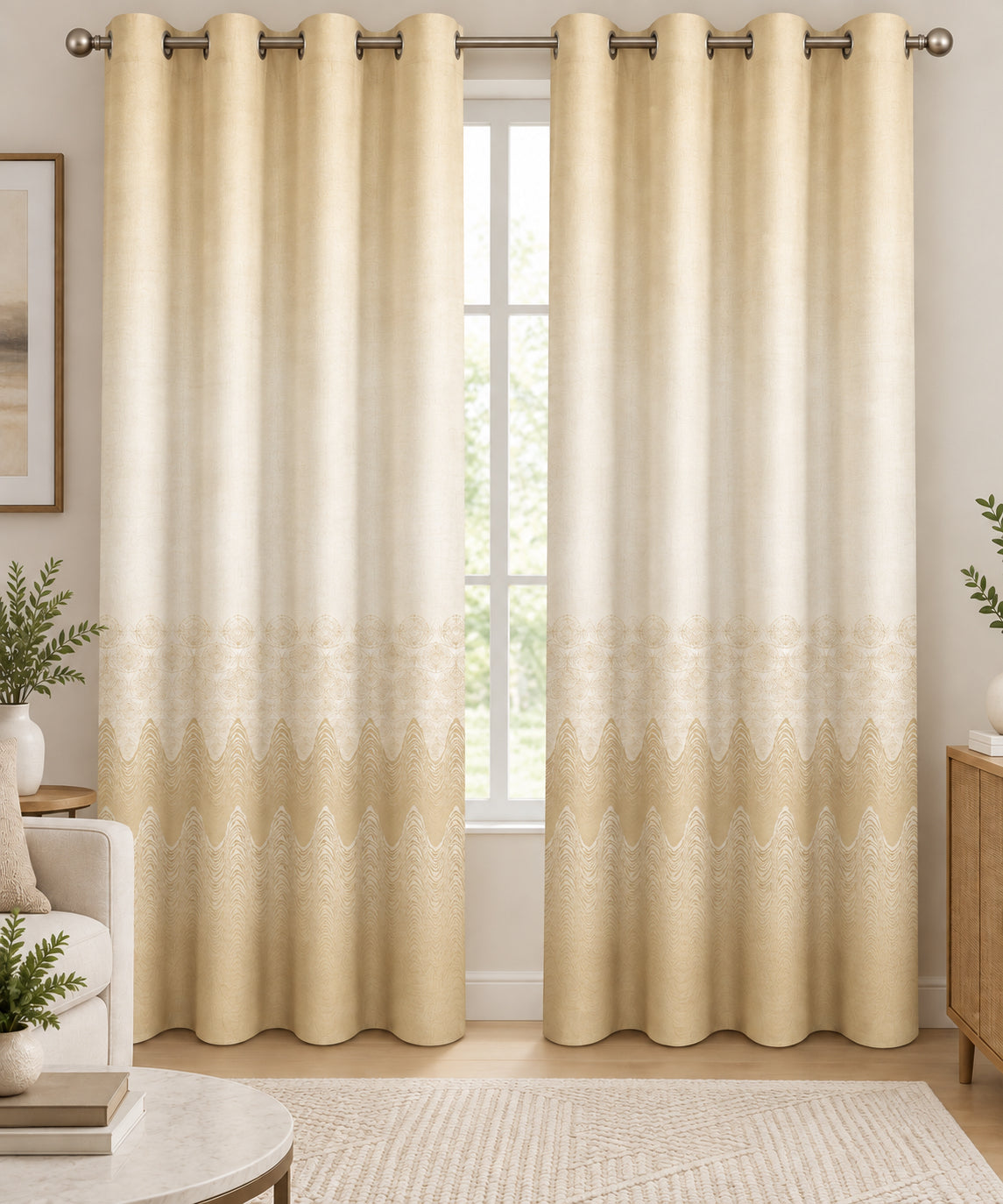 GOLDEN BEIGE PRINTED ROOM DARKENING CURTAIN