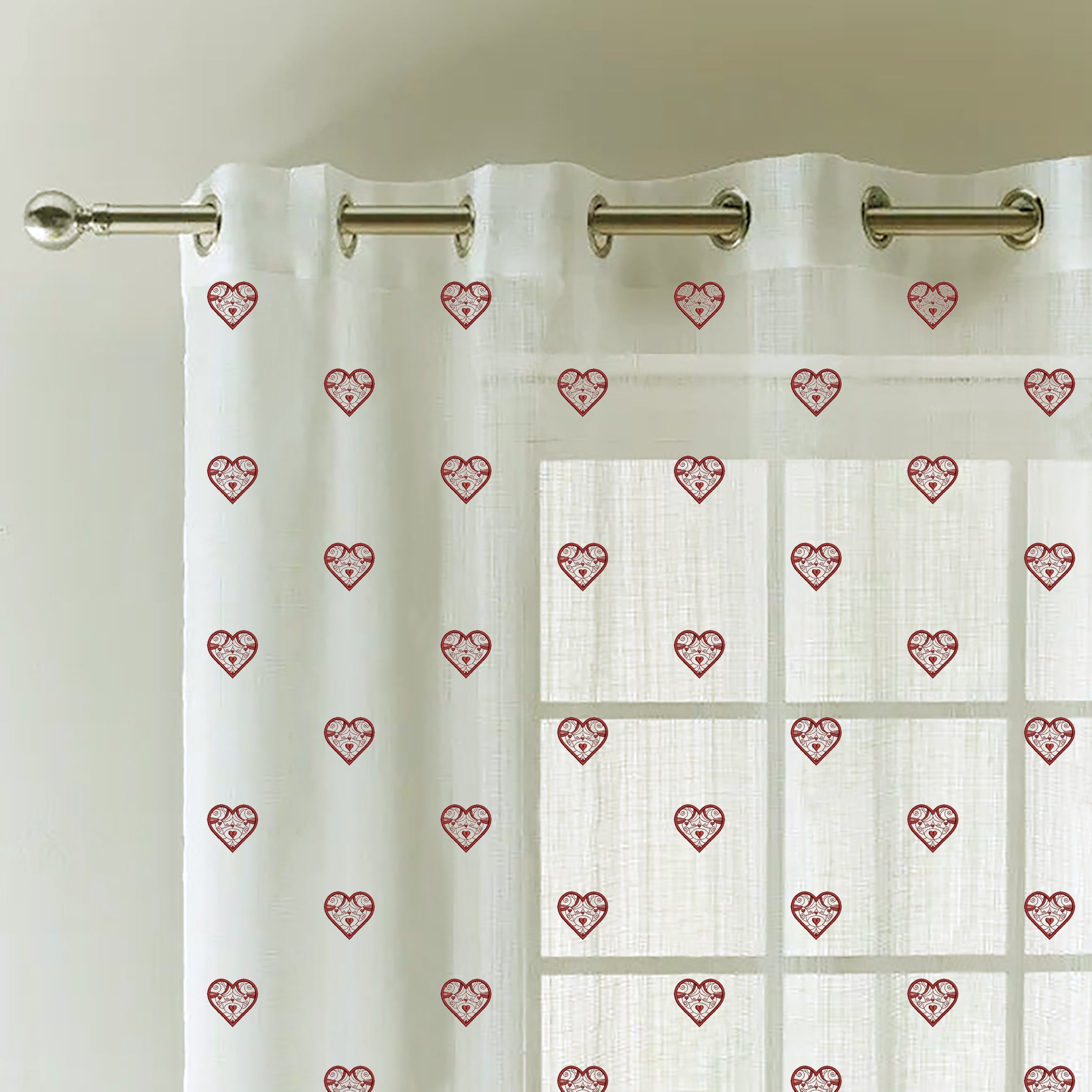 HEARTS RED PRINTED SHEER CURTAIN