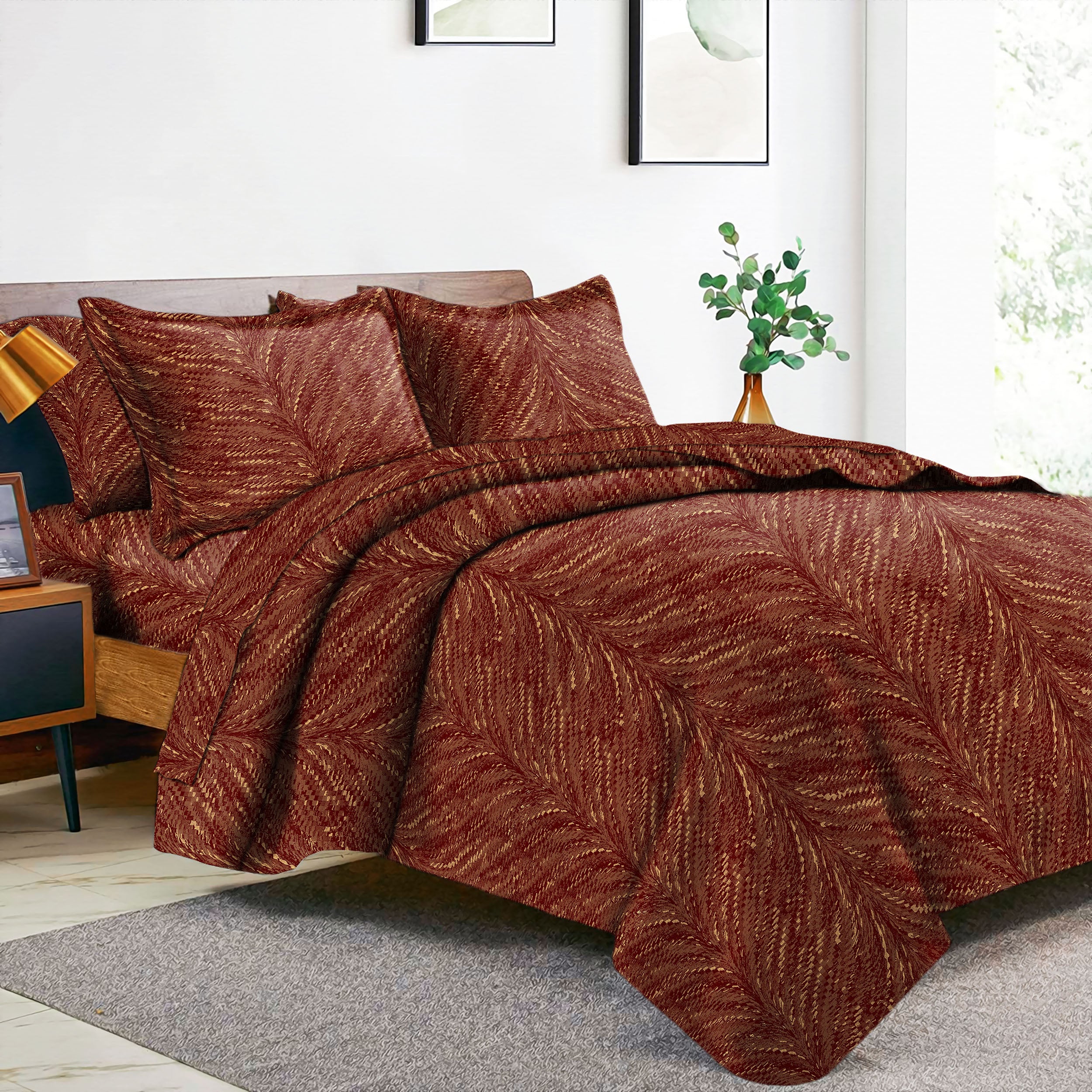 Luxor Rosso Bedcover for Double Bed with 2 PillowCovers King Size (104" X 90")