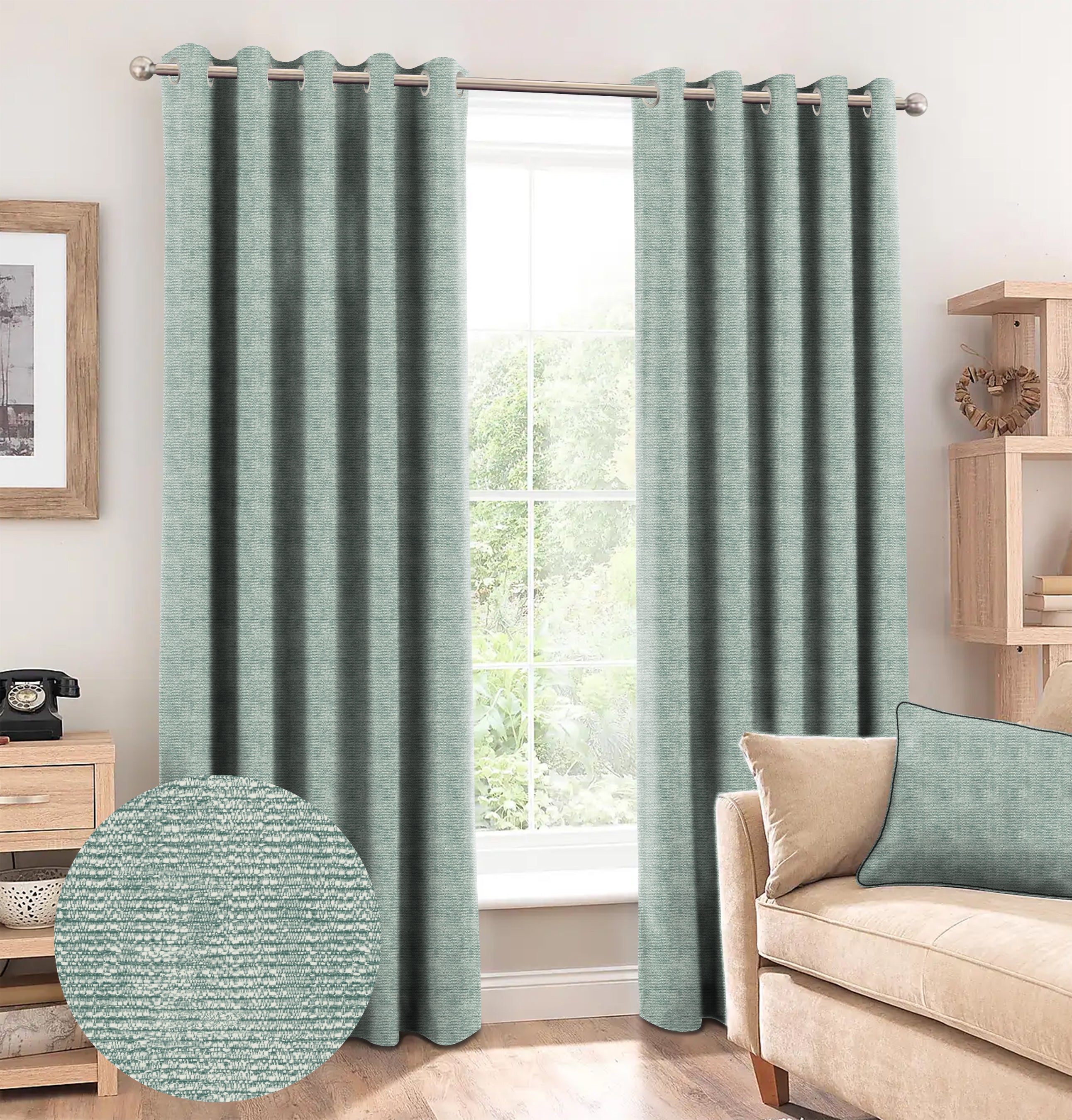 SUNBLOCK SLUBBY SEA GREEN PRINTED BLACKOUT CURTAIN