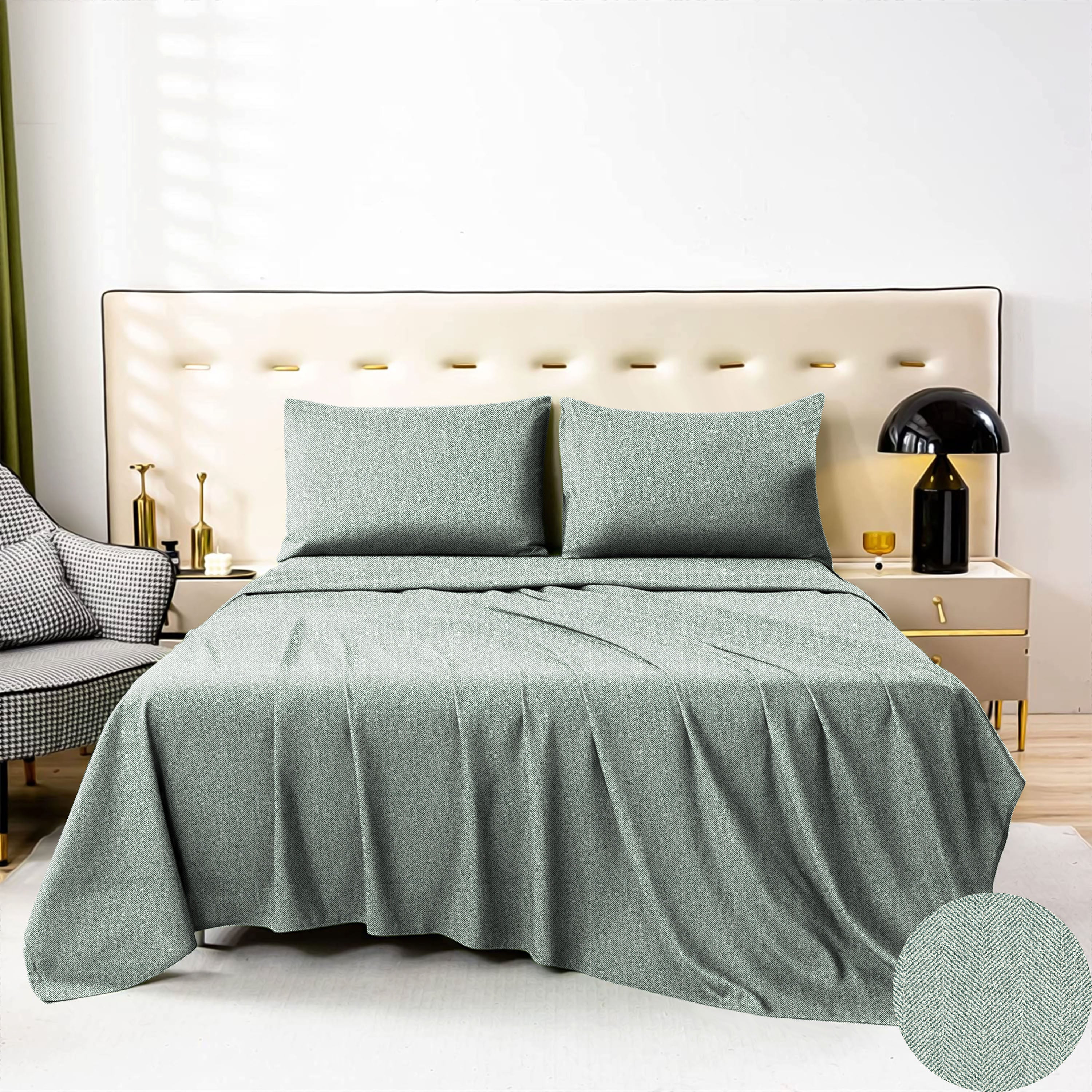 Herringbone Sea Green Bedcover for Double Bed with 2 PillowCovers King Size (104" X 90")