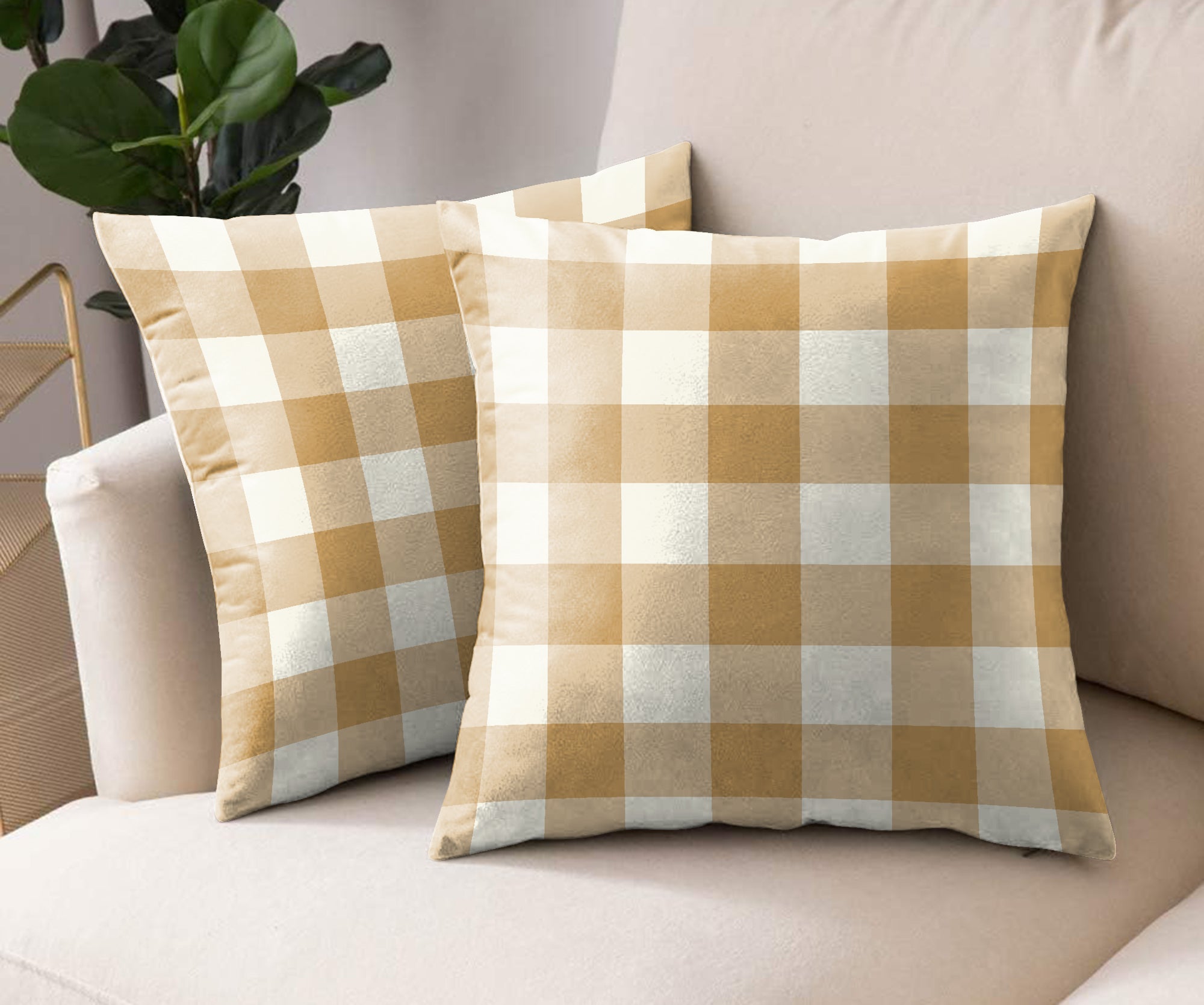 SPRING GALLERY BIG CHECK SAND BROWN DIGITAL PRINTED CUSHION COVER (Pack of 2)
