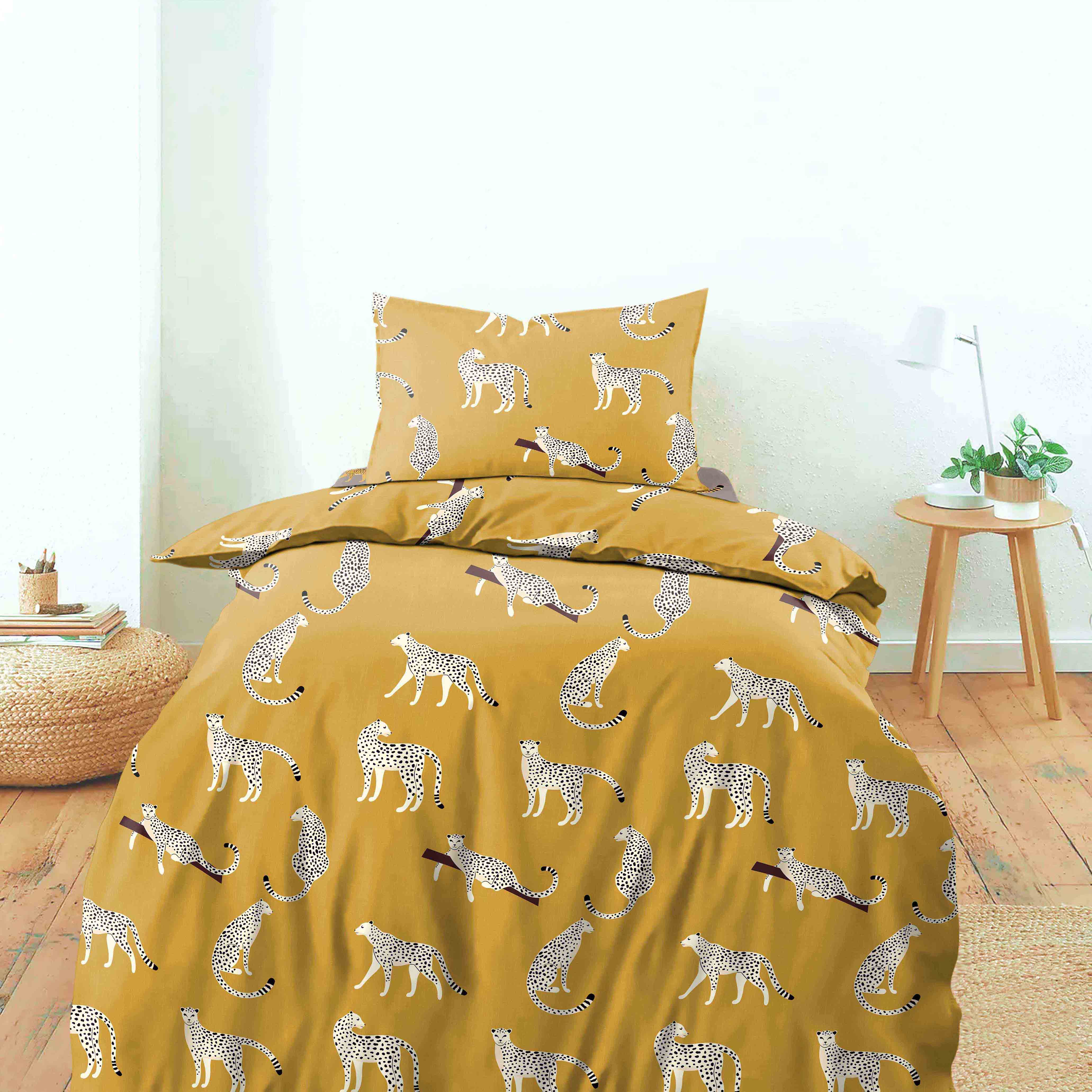 Leopard Satin Sheen Gold Bedcover for Single Bed with Pillow Covers King Size (60" X 90")