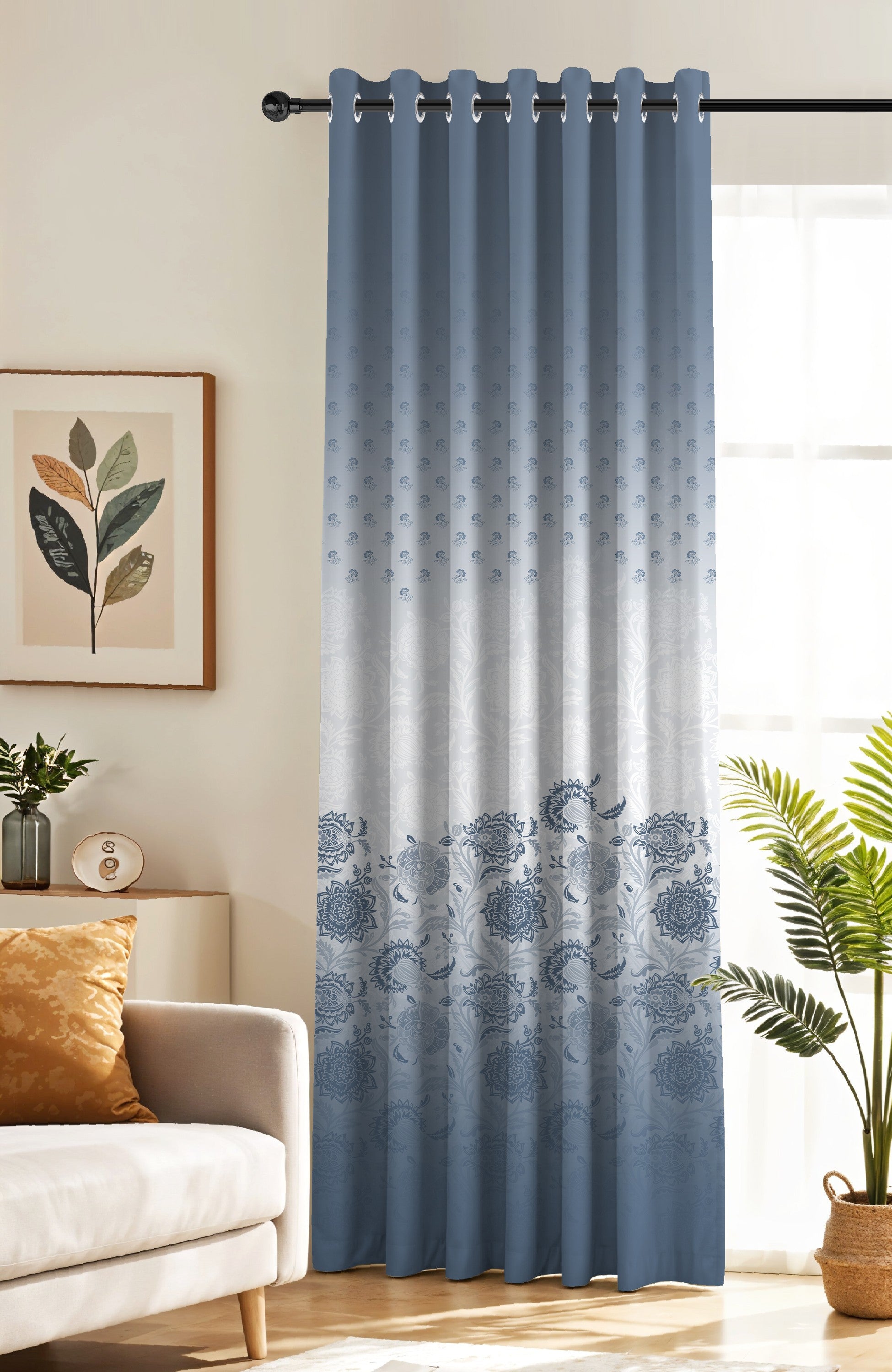 BOTANICA STEEL BLUE PRINTED ROOM DARKENING CURTAIN