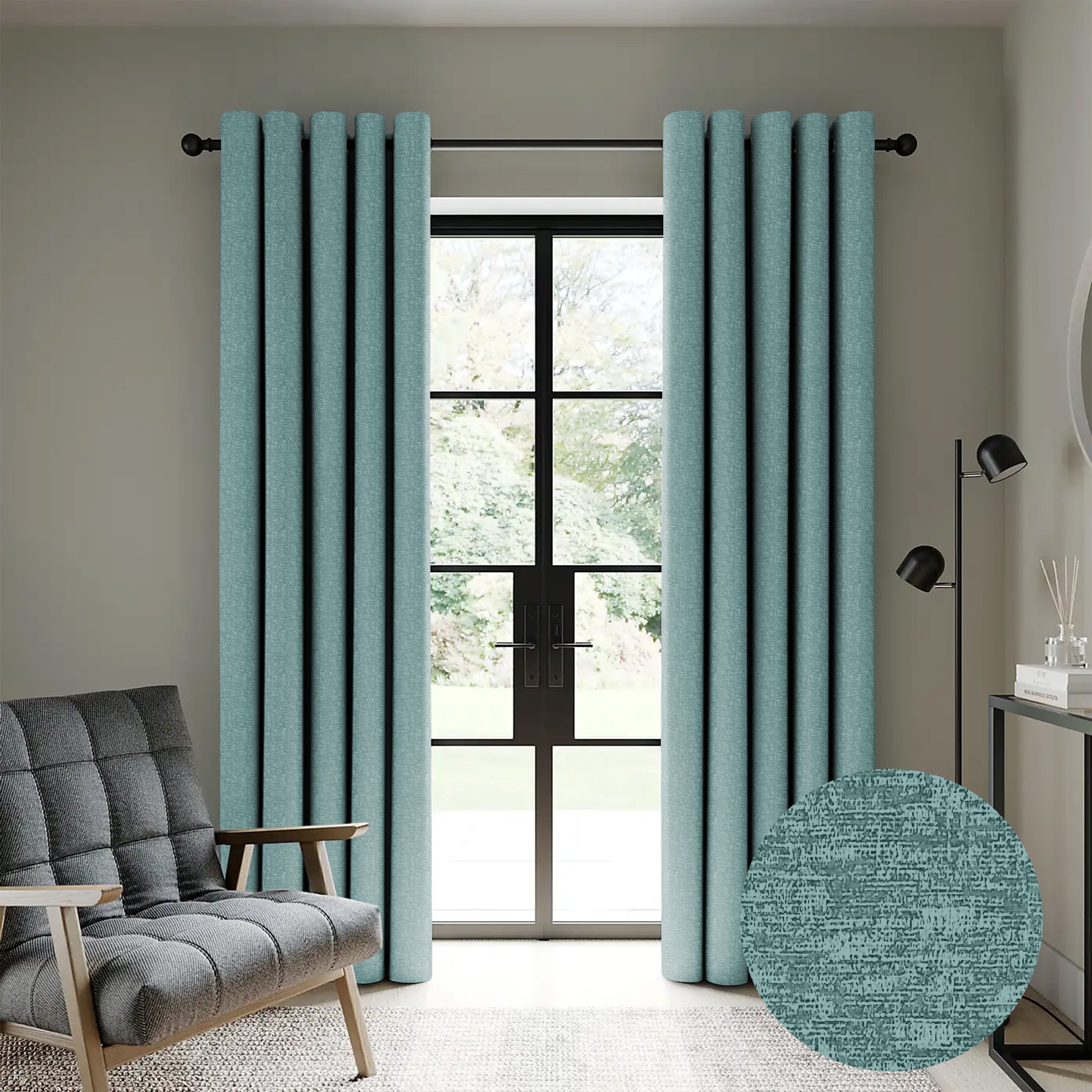 SUNBLOCK TEXTURE LASA TEAL PRINTED BLACKOUT CURTAIN