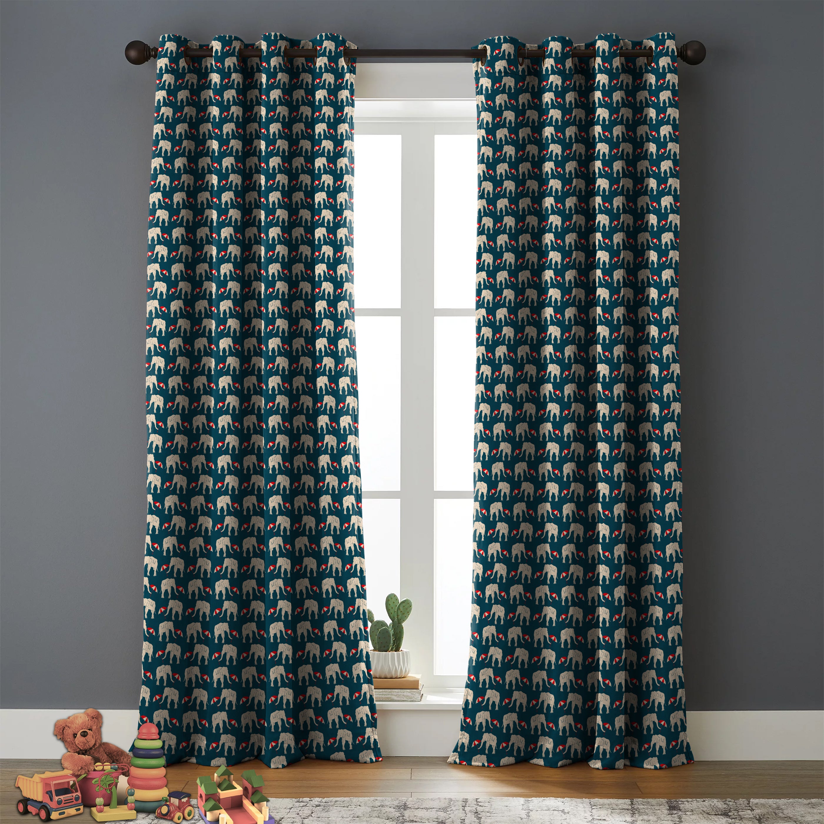 Elephant Teal Printed Blackout Curtain