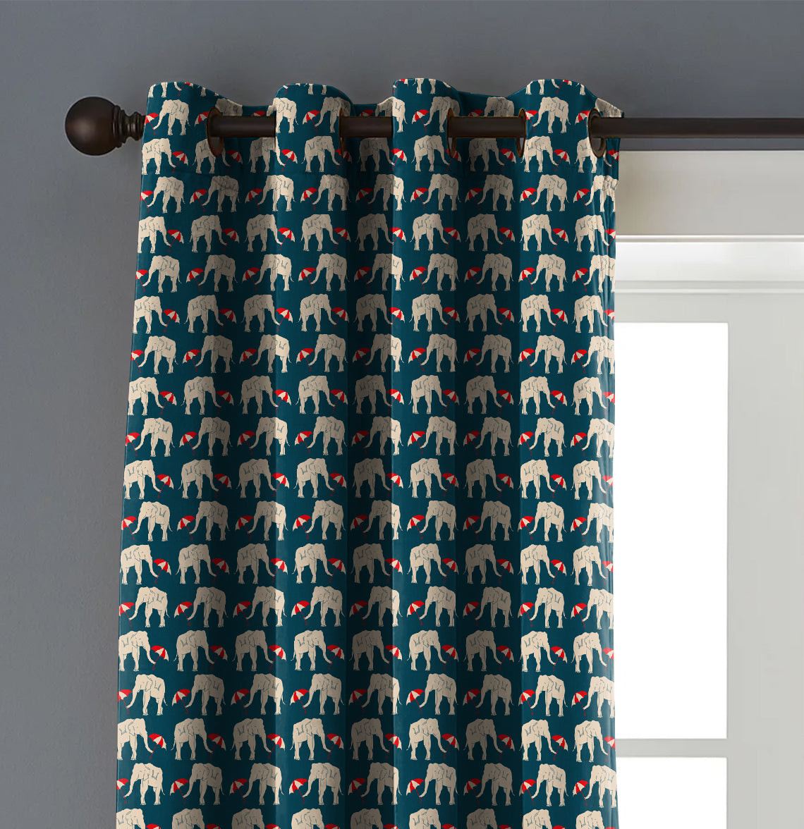 Elephant Teal Printed Blackout Curtain