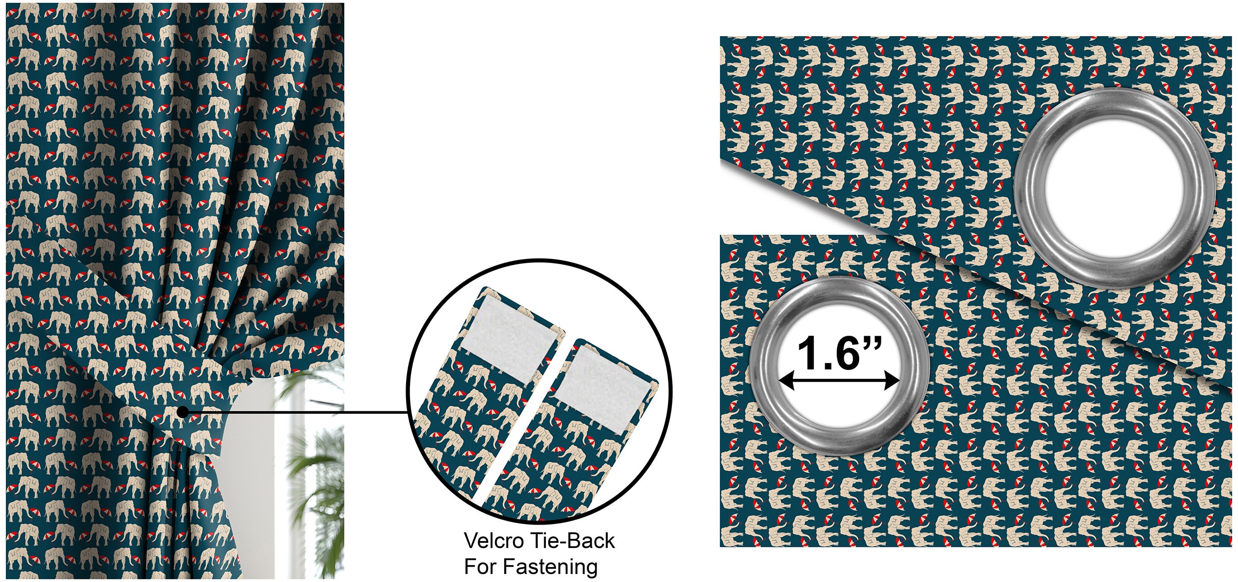 Elephant Teal Printed Blackout Curtain