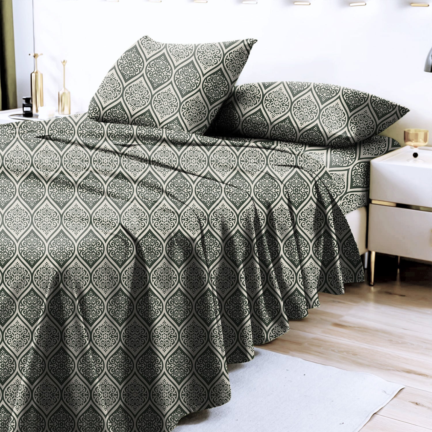 Manhattan Timber Green Bedcover for Double Bed with 2 Pillow Covers King Size (104" X 90")