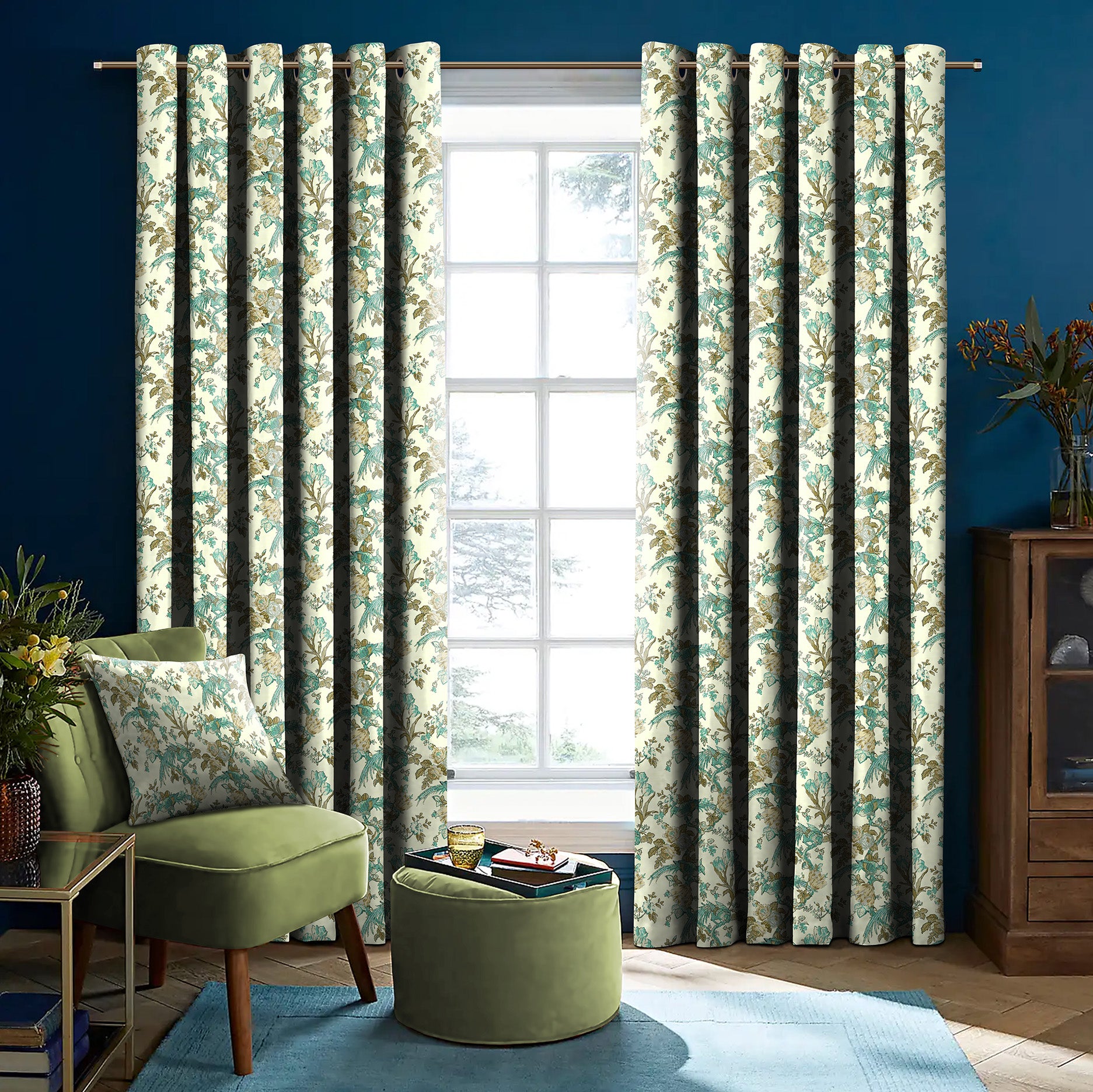 WOODLAND BIRDS BEIGE GREEN BLACKOUT CURTAINS