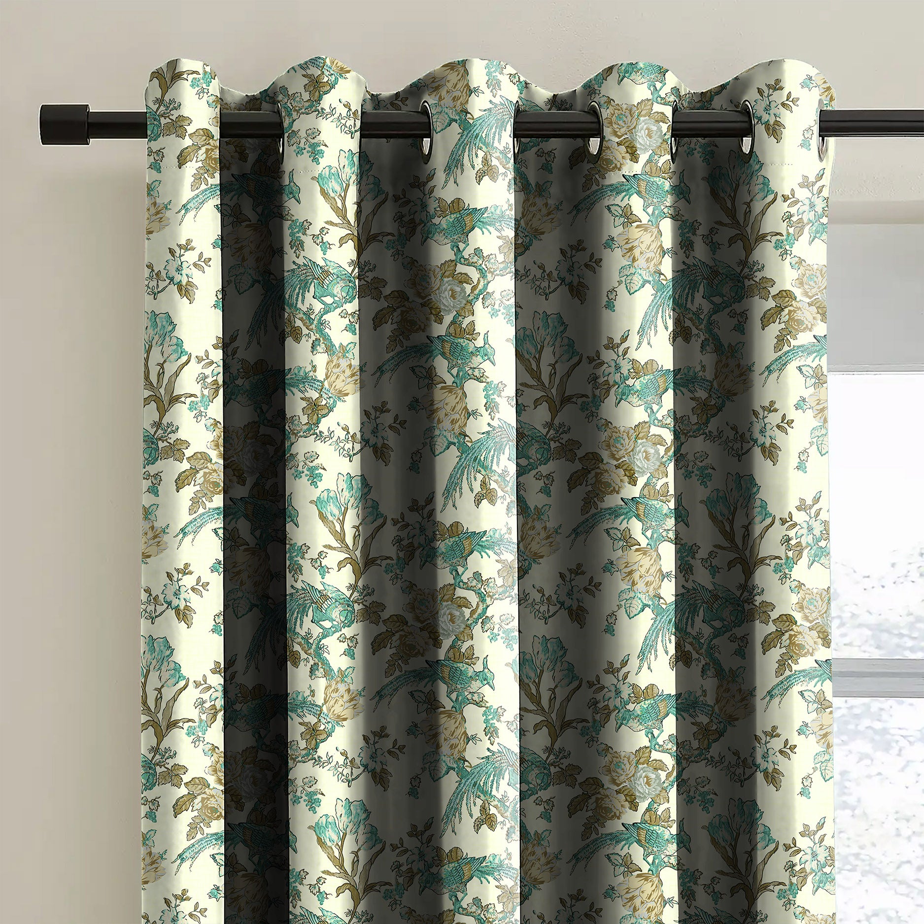 WOODLAND BIRDS BEIGE GREEN BLACKOUT CURTAINS
