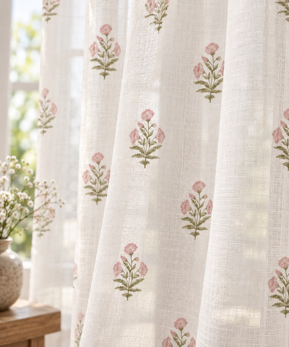 FENIM PINK LINEN PRINTED SHEER CURTAIN