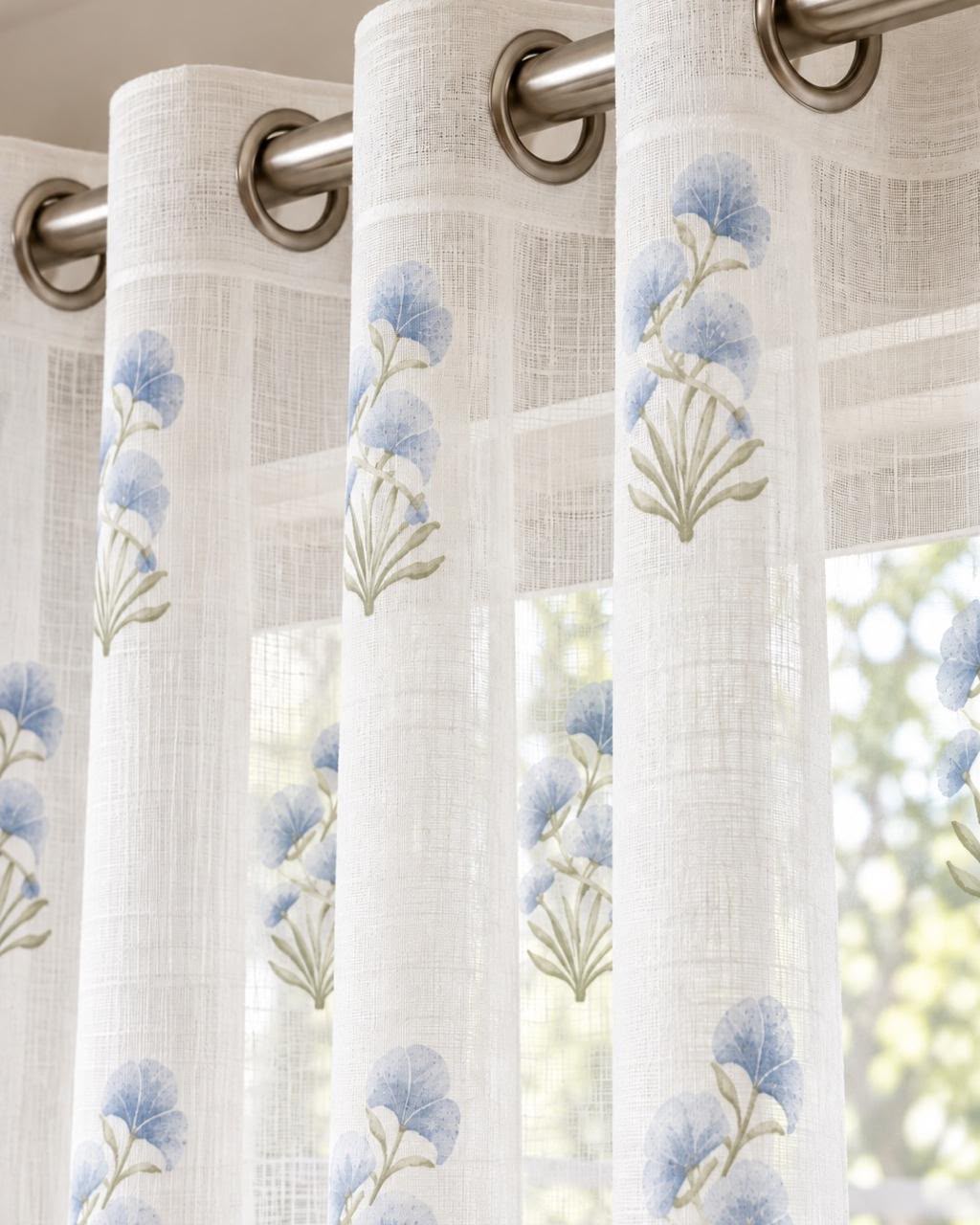 LUCAS BLUE LINEN PRINTED SHEER CURTAIN