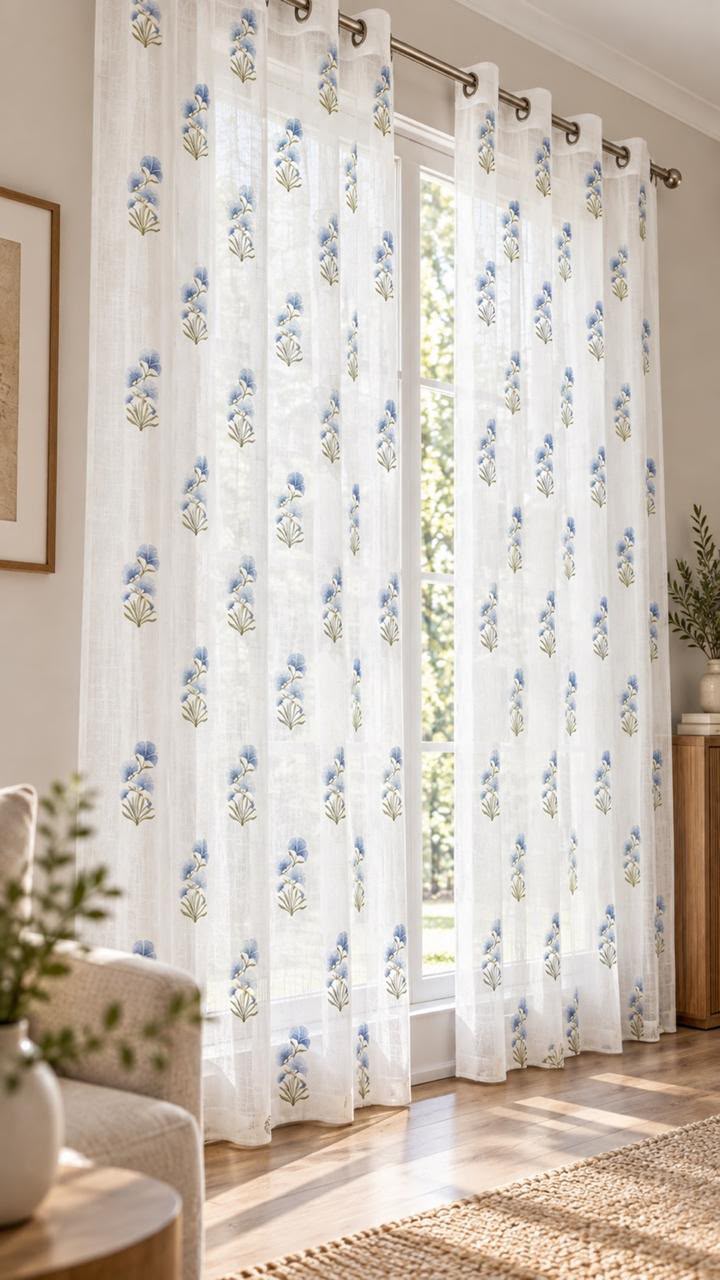 LUCAS BLUE LINEN PRINTED SHEER CURTAIN