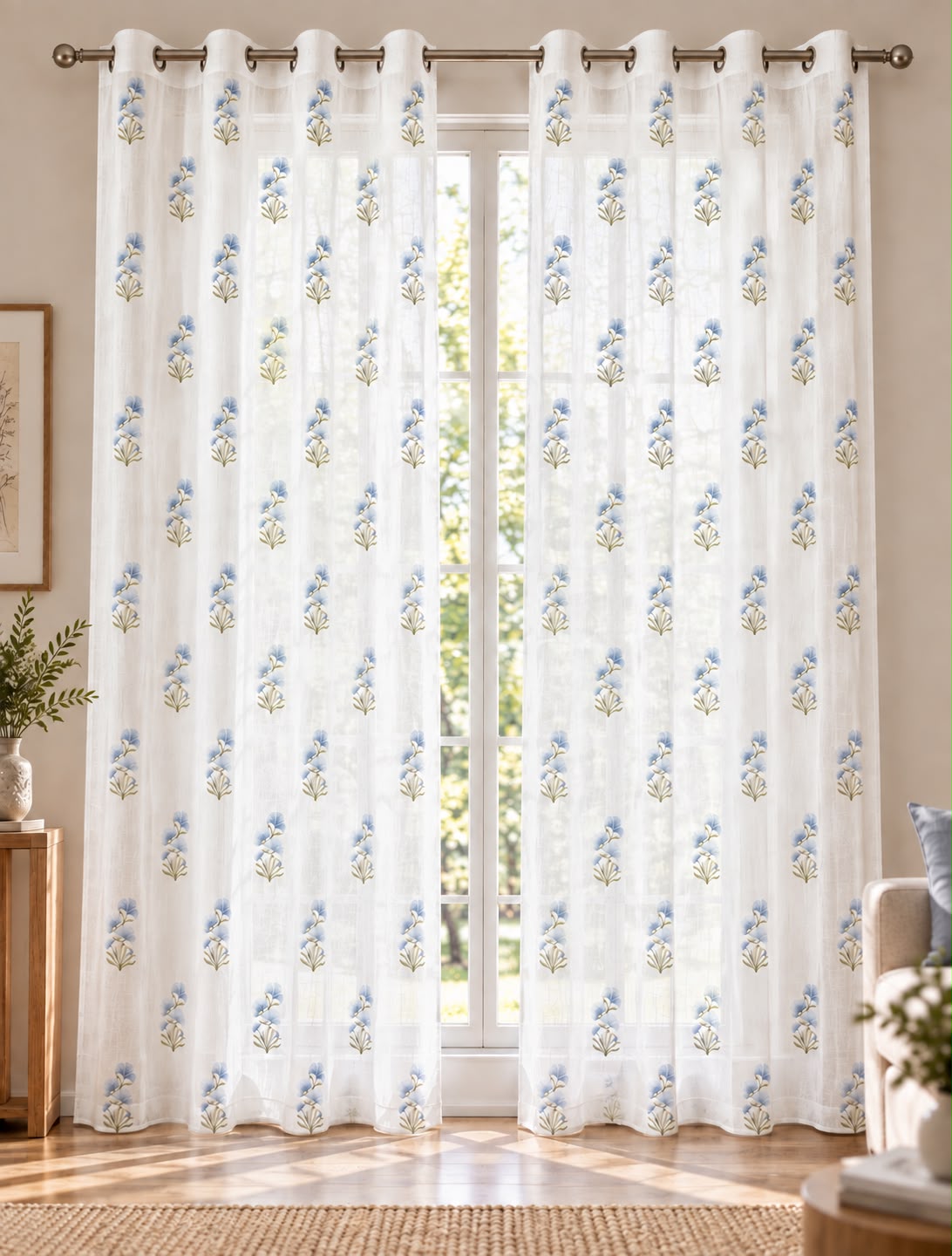 LUCAS BLUE LINEN PRINTED SHEER CURTAIN