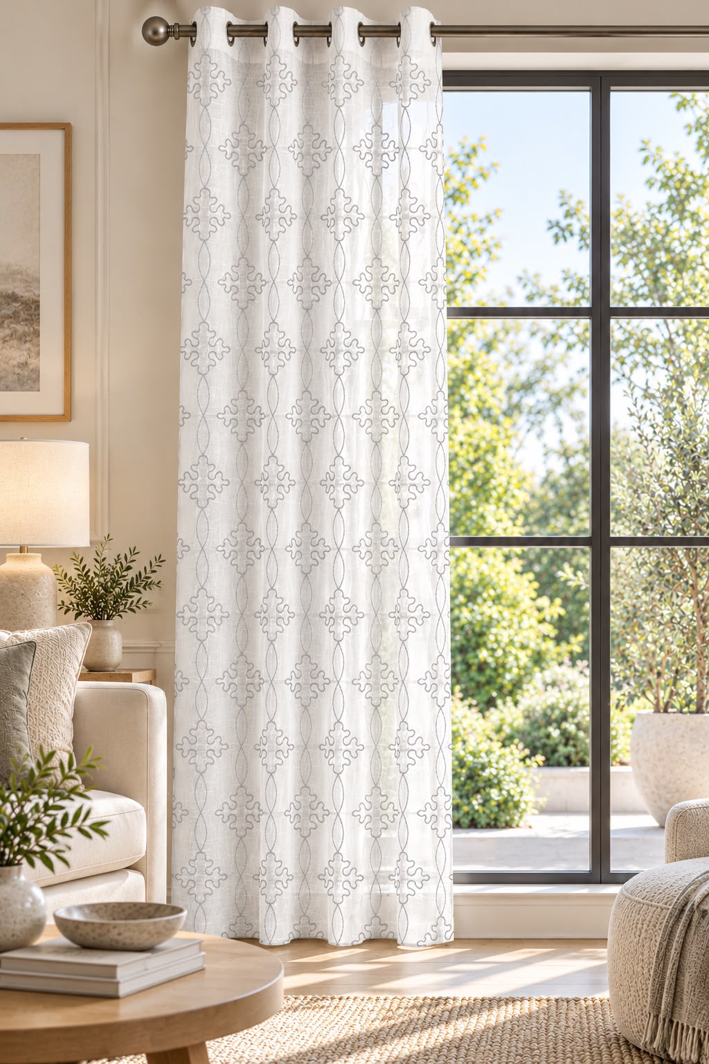 BLOOMY BEIGE EMBROIDERY SHEER CURTAIN