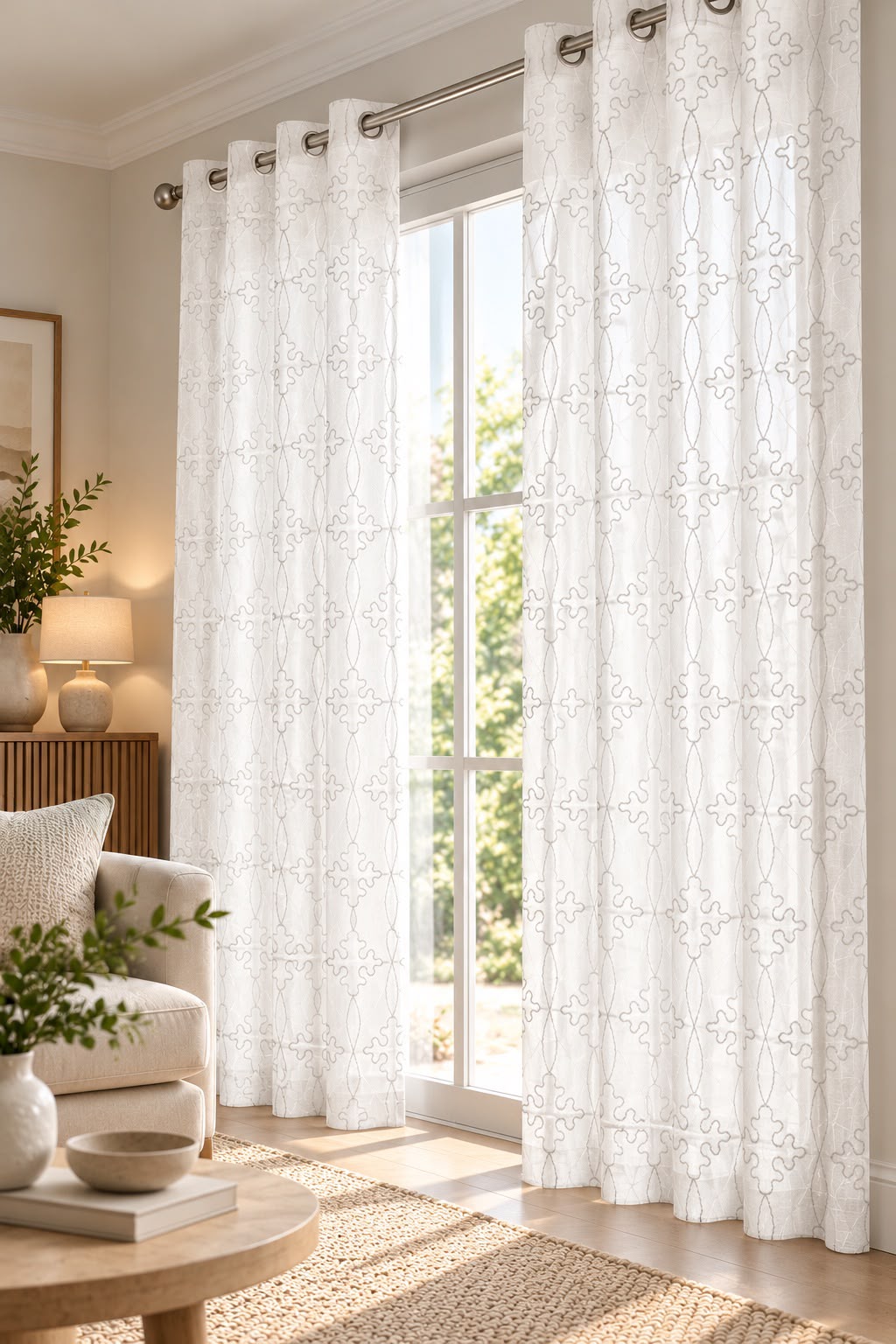 BLOOMY BEIGE EMBROIDERY SHEER CURTAIN