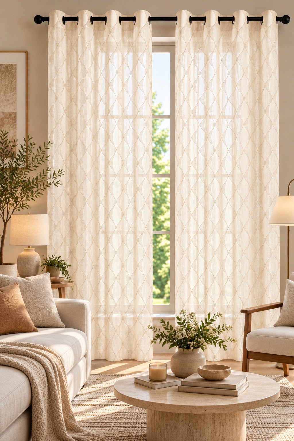 BELLA BEIGE EMBROIDERY SHEER CURTAIN