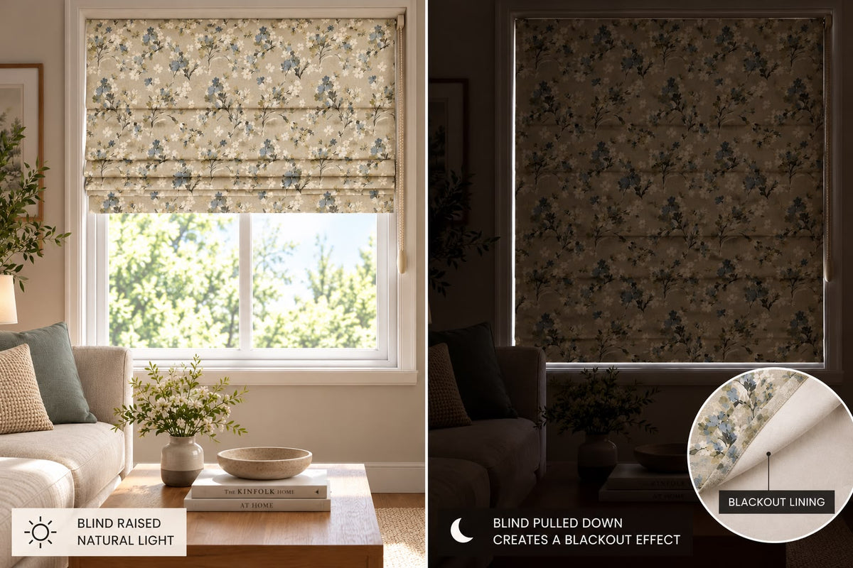 BLUE MEADOW READY MADE ROMAN BLIND