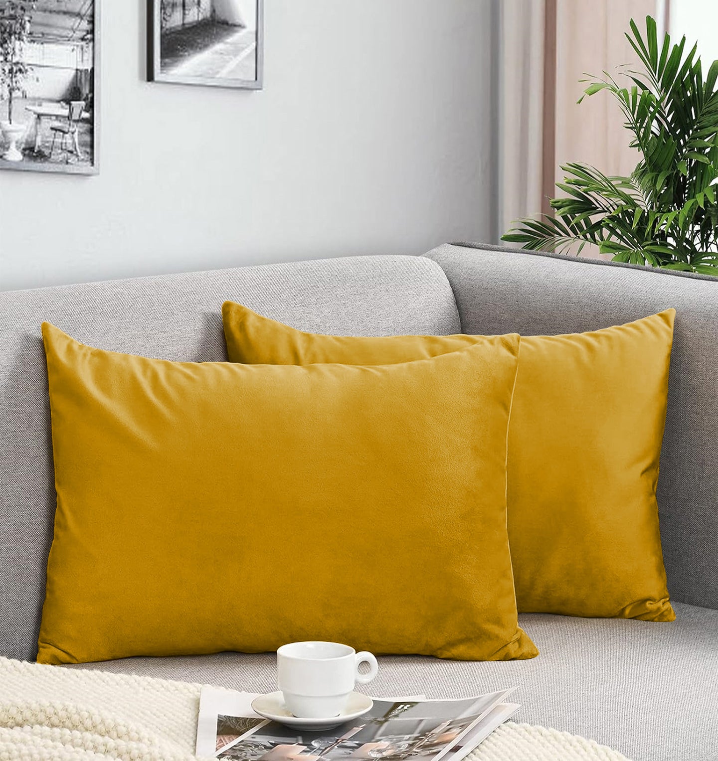 CASABLEU VELVET RECTANGULAR CUSHION COVER THROW PILLOW COVER FOR LIVING ROOM COUCH SINGLE SOFA, COLOURFUL MODERN (COLOUR - YELLOW) (Pack of 2)