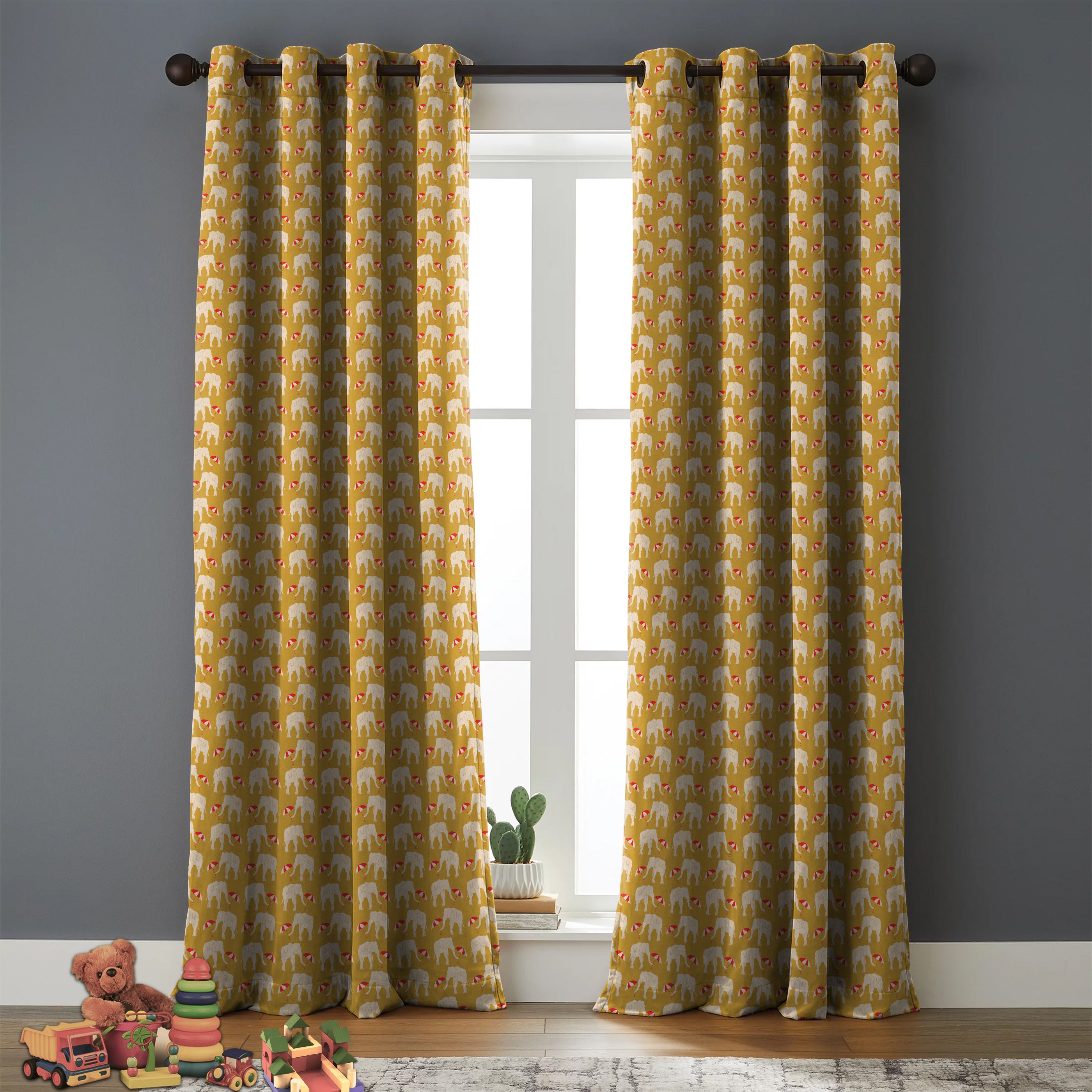 Elephant Yellow Printed Blackout Curtain