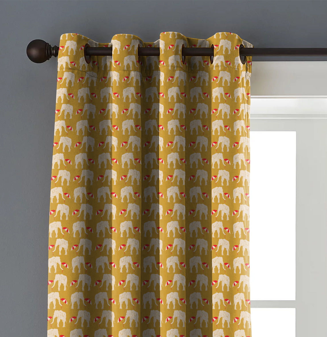 Elephant Yellow Printed Blackout Curtain