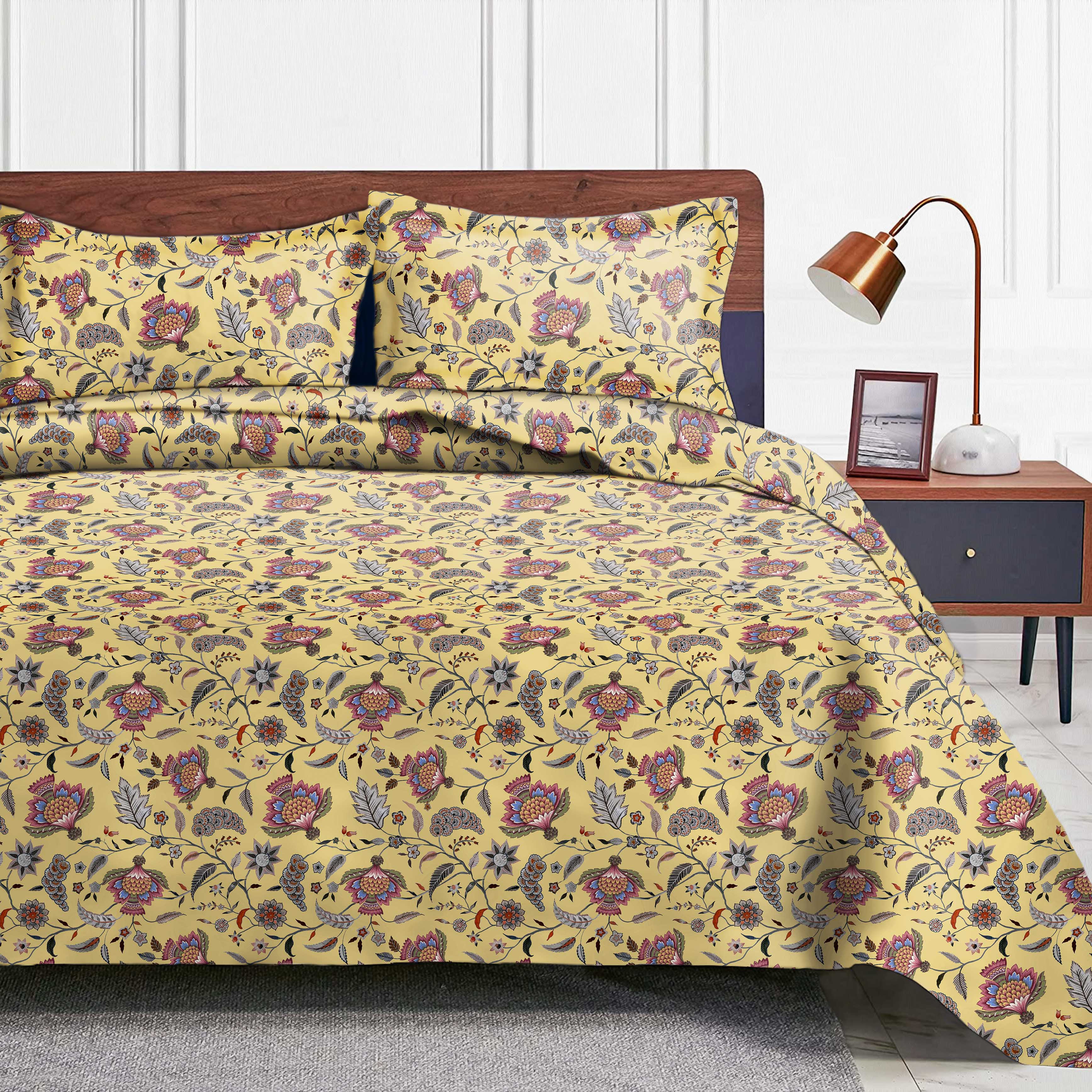 Kasbah Yellow Bedsheet for Double Bed with 2 Pillow Covers Size (104" X 90")