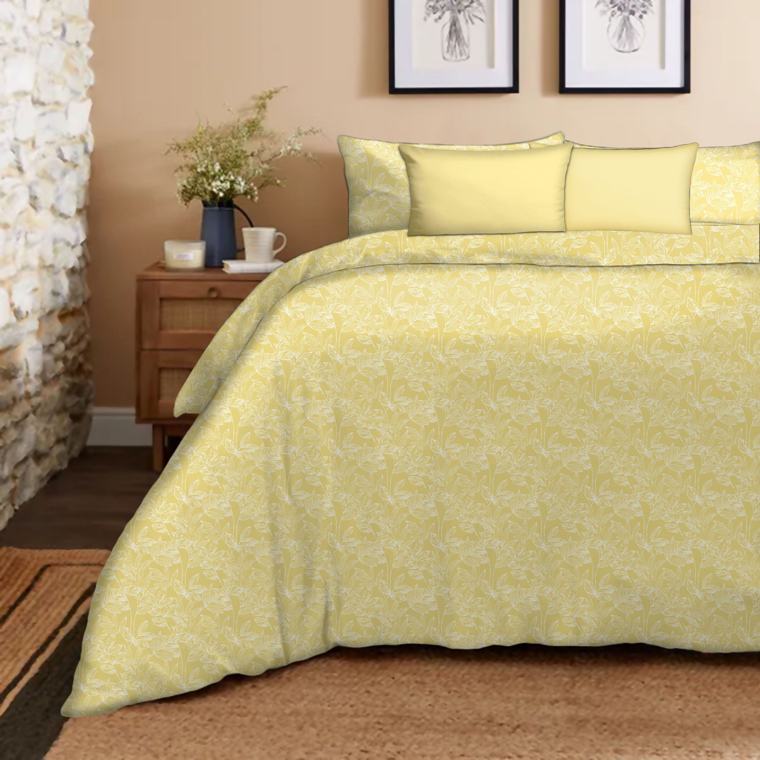 Meadow Yellow Bedcover for Double Bed with 2 Pillow Covers King Size (104" X 90")