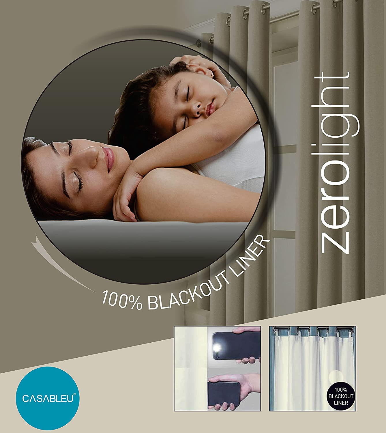 Casableu 2 Piece 100% Blackout Liner Curtain, Zerolight is A Liner Made by 100% Foam Blackout Fabric, Installed Behind Any Curtain to Make Your Room Completely Dark, Door & Window