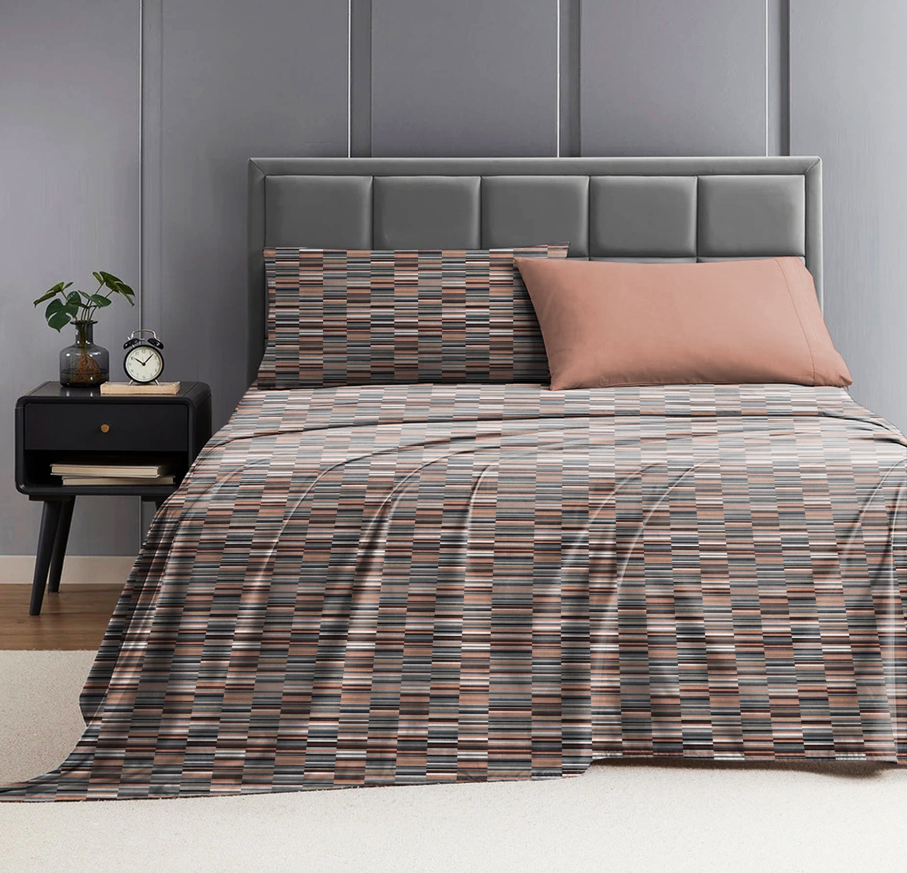 Illusion Dash Bedsheet for Double Bed with 2 PillowCovers King Size (104" X 90") Terracotta/Coffee (Copy)