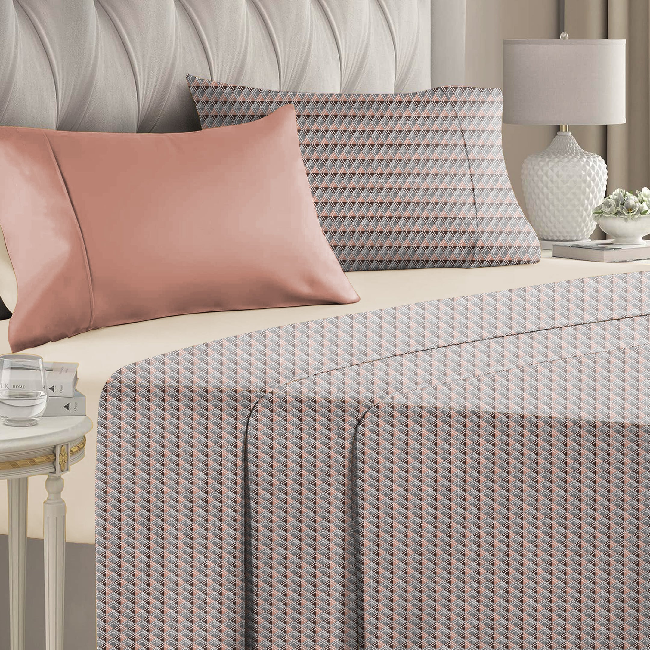 Illusion Multi Triangle Bedsheet for Double Bed with 2 PillowCovers King Size (104" X 90") Terracotta/Coffee