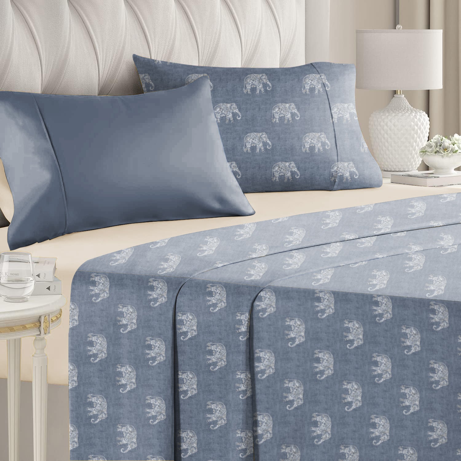Jodhpur Elephant Bedsheet for Double Bed with 2 PillowCovers King Size (104" X 90") Indigo