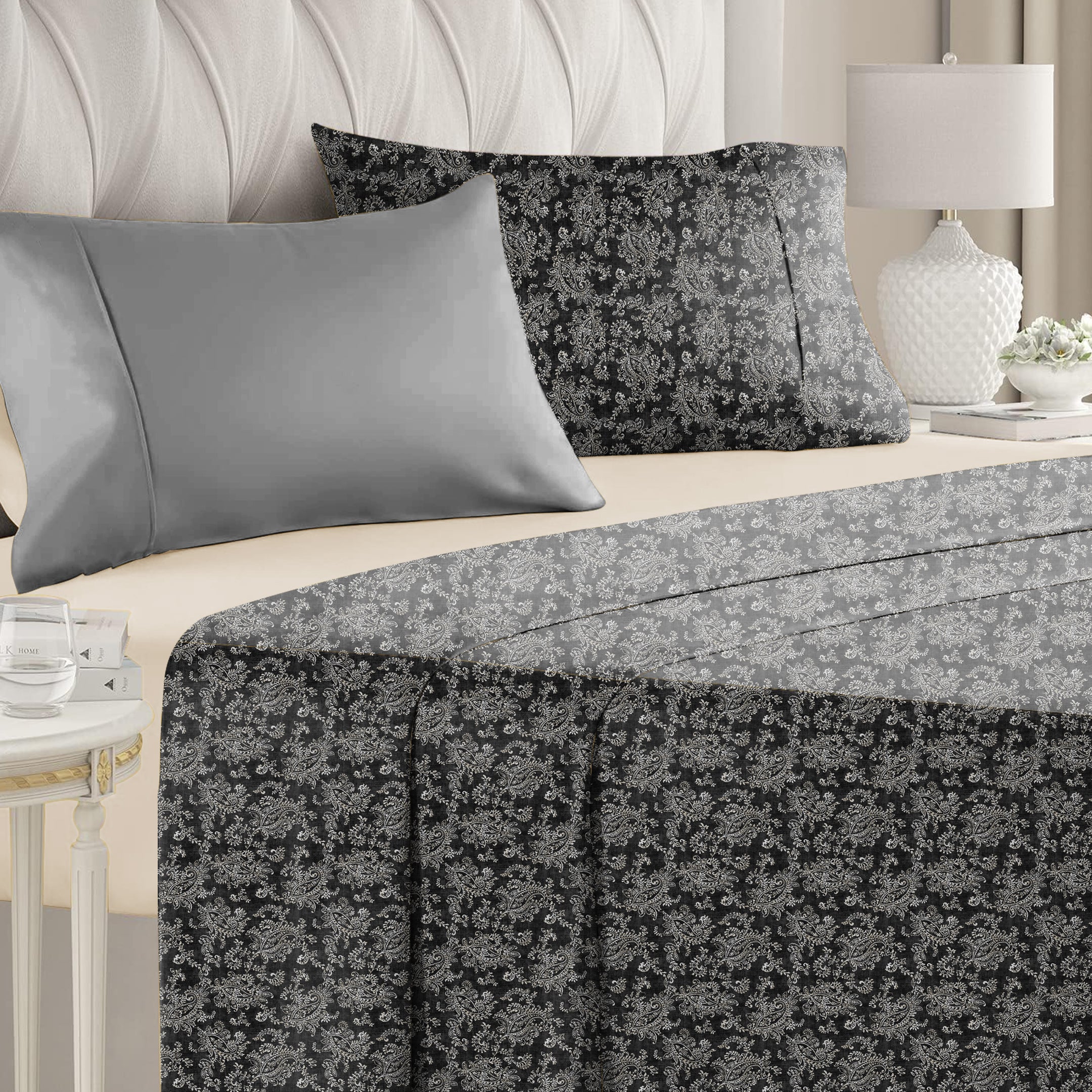 Jodhpur Flowers Bedsheet for Double Bed with 2 PillowCovers King Size (104" X 90") Black