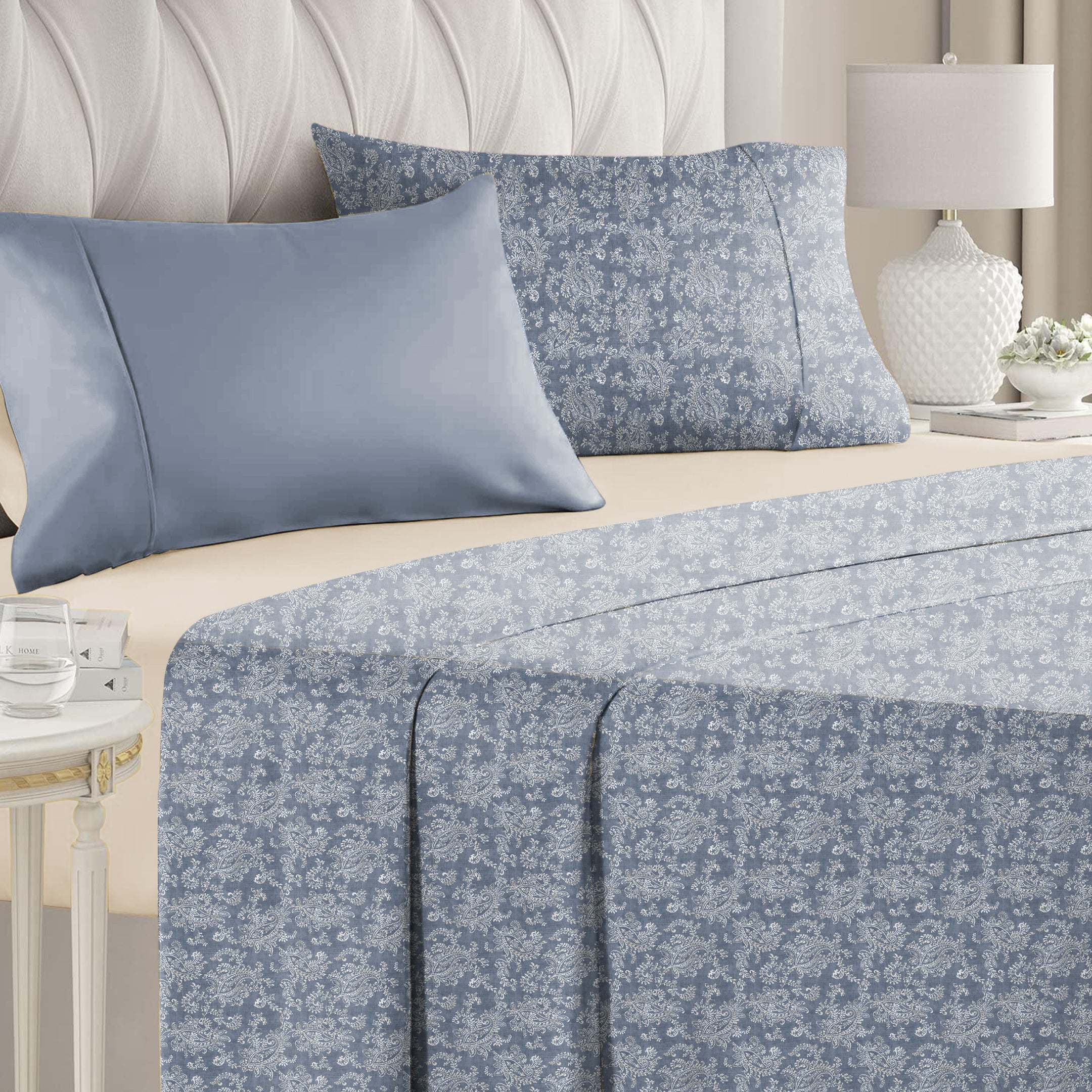 Jodhpur Flowers Bedsheet for Double Bed with 2 PillowCovers King Size (104" X 90") Indigo
