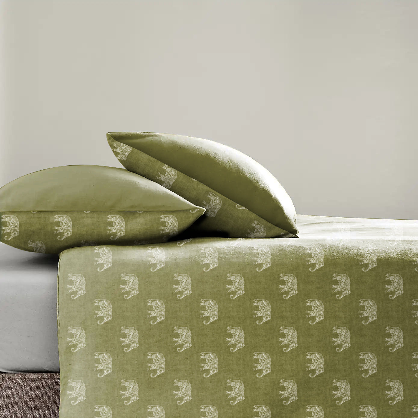 Jodhpur Elephant Bedsheet for Double Bed with 2 PillowCovers King Size (104" X 90") Olive