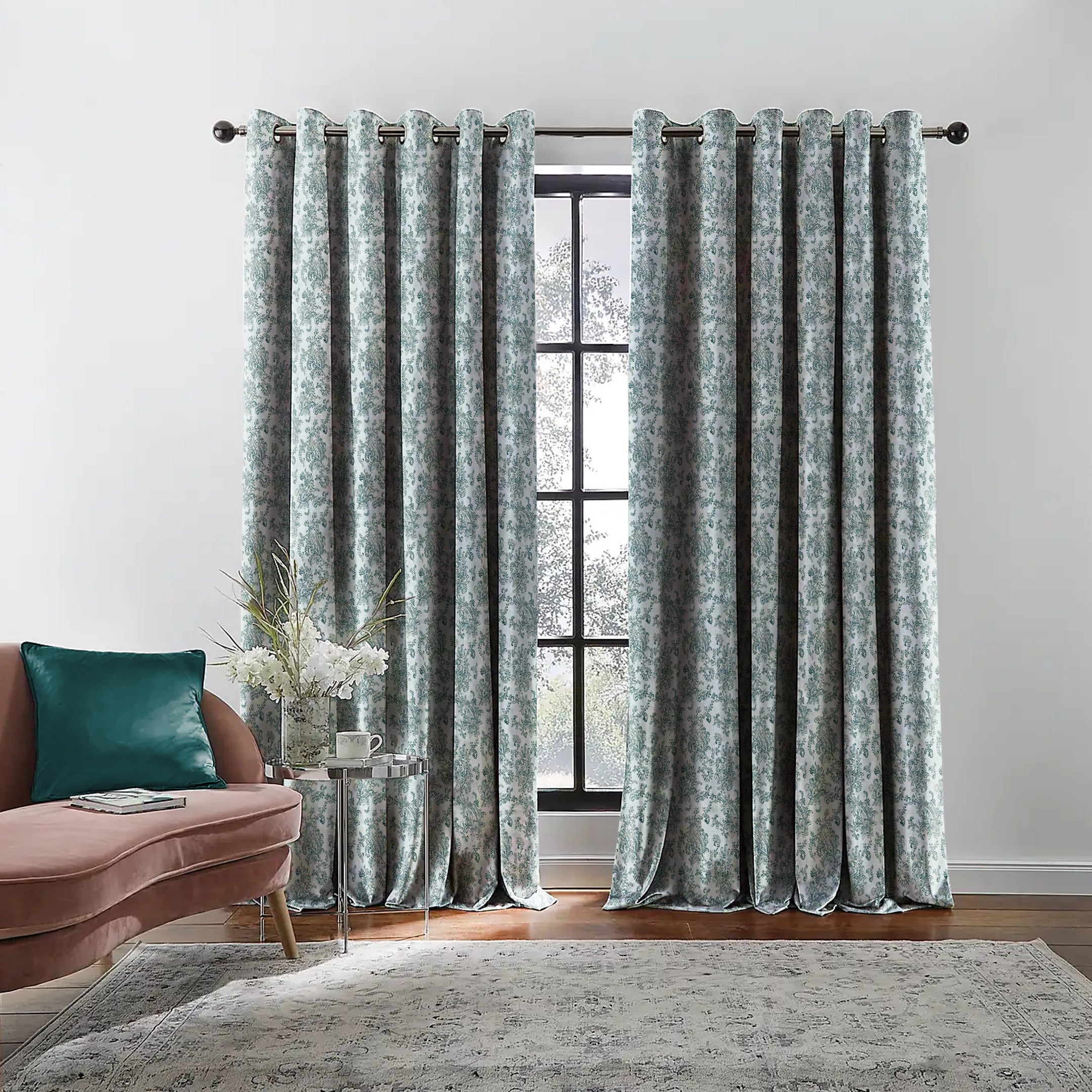 JODHPUR FLOWERS BLACKOUT CURTAINS WHITE AND TEAL