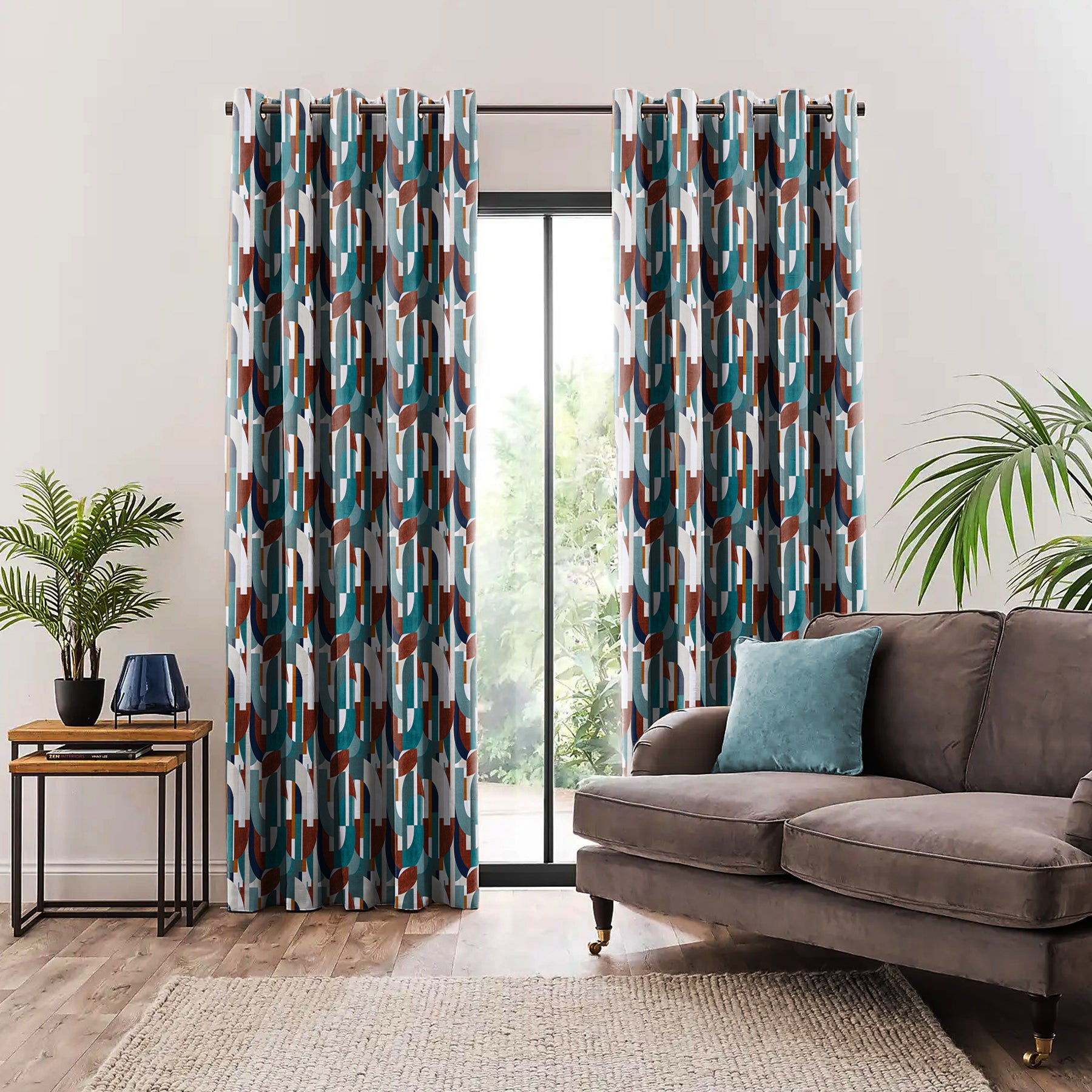 ILLUSION CURVES BLACKOUT CURTAIN TEAL/BROWN