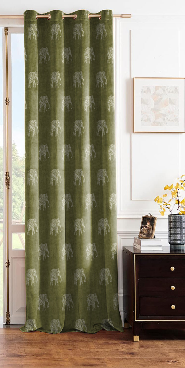 JODHPUR ELEPHANT ABBOT AQUA BLACKOUT CURTAINS OLIVE