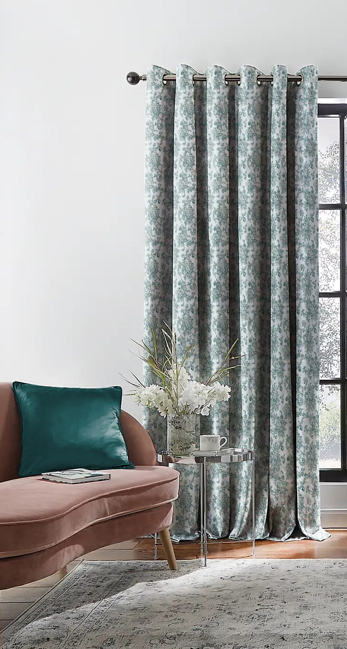 JODHPUR FLOWERS BLACKOUT CURTAINS WHITE AND TEAL