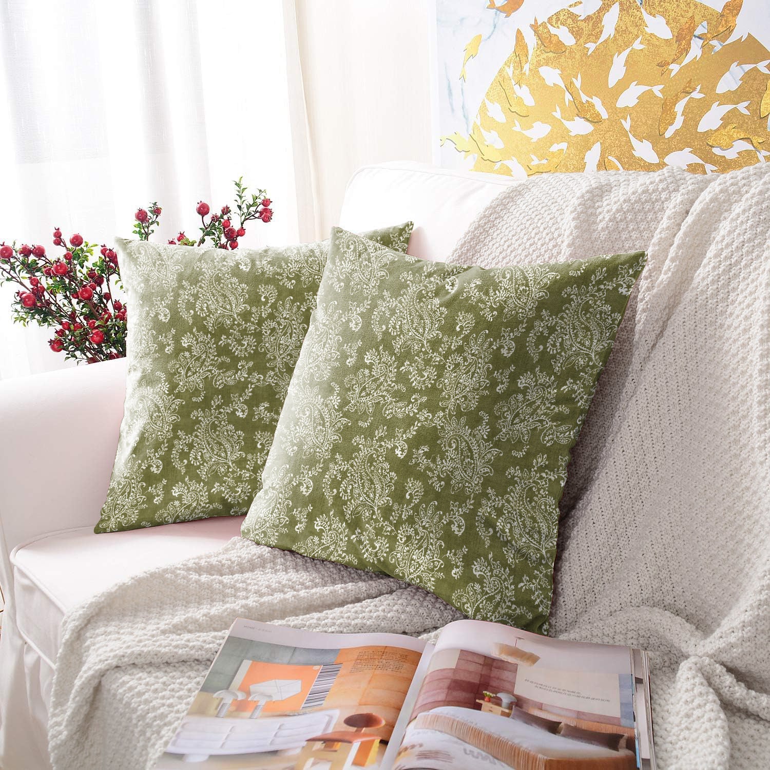 JODHPUR FLOWERS DIGITAL PRINTED CUSHION COVER OLIVE (Pack of 2)