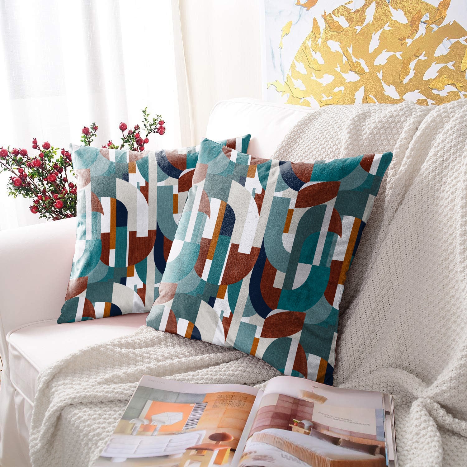 ILLUSION CURVES DIGITAL PRINTED CUSHION COVER TEAL/BROWN (Pack of 2)