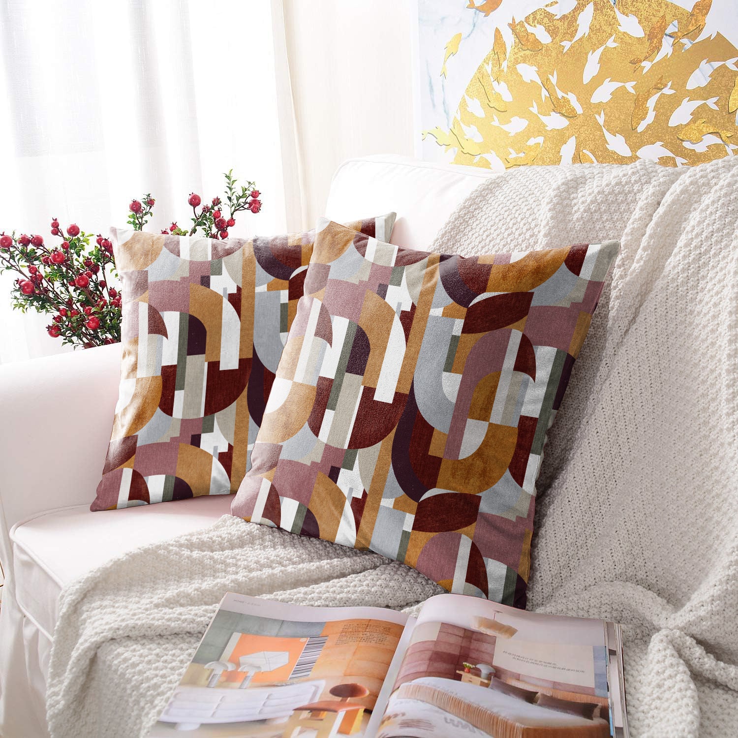 ILLUSION CURVES DIGITAL PRINTED CUSHION COVER CAMEL/PINK (Pack of 2)