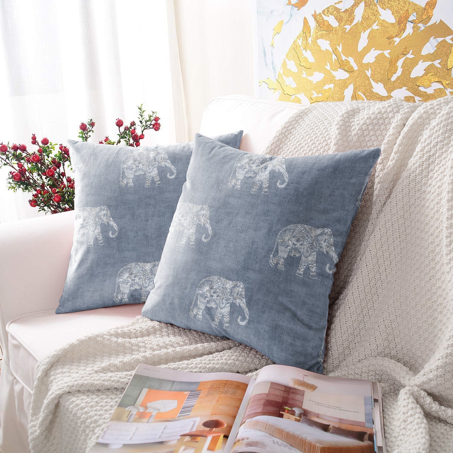 JODHPUR ELEPHANT DIGITAL PRINTED CUSHION COVER INDIGO (Pack of 2)