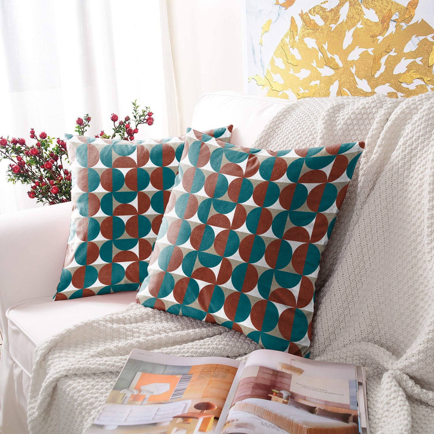 ILLUSION CIRCLE DIGITAL PRINTED CUSHION COVER BROWN/TEAL (Pack of 2)