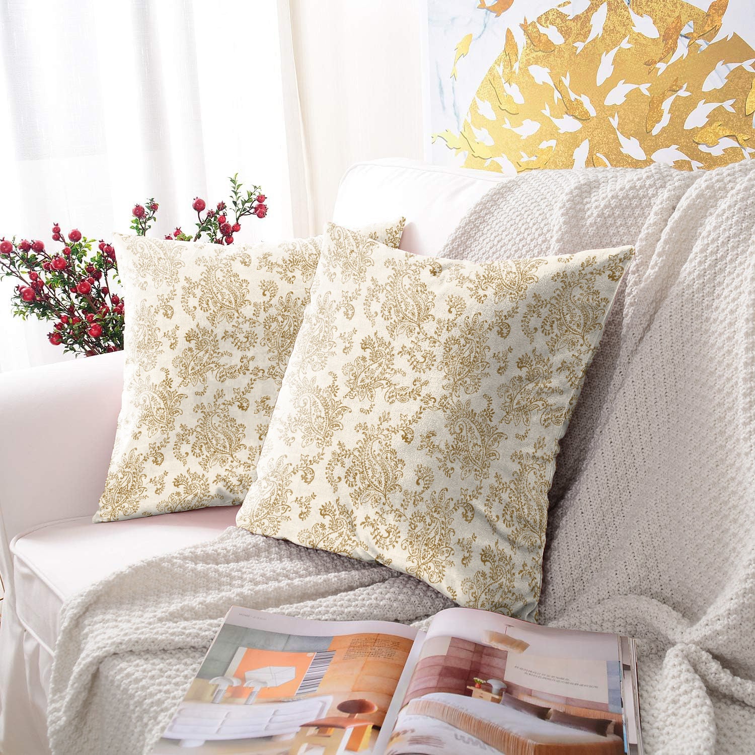 JODHPUR FLOWERS DIGITAL PRINTED CUSHION COVER WHITE AND CAMEL (Pack of 2)